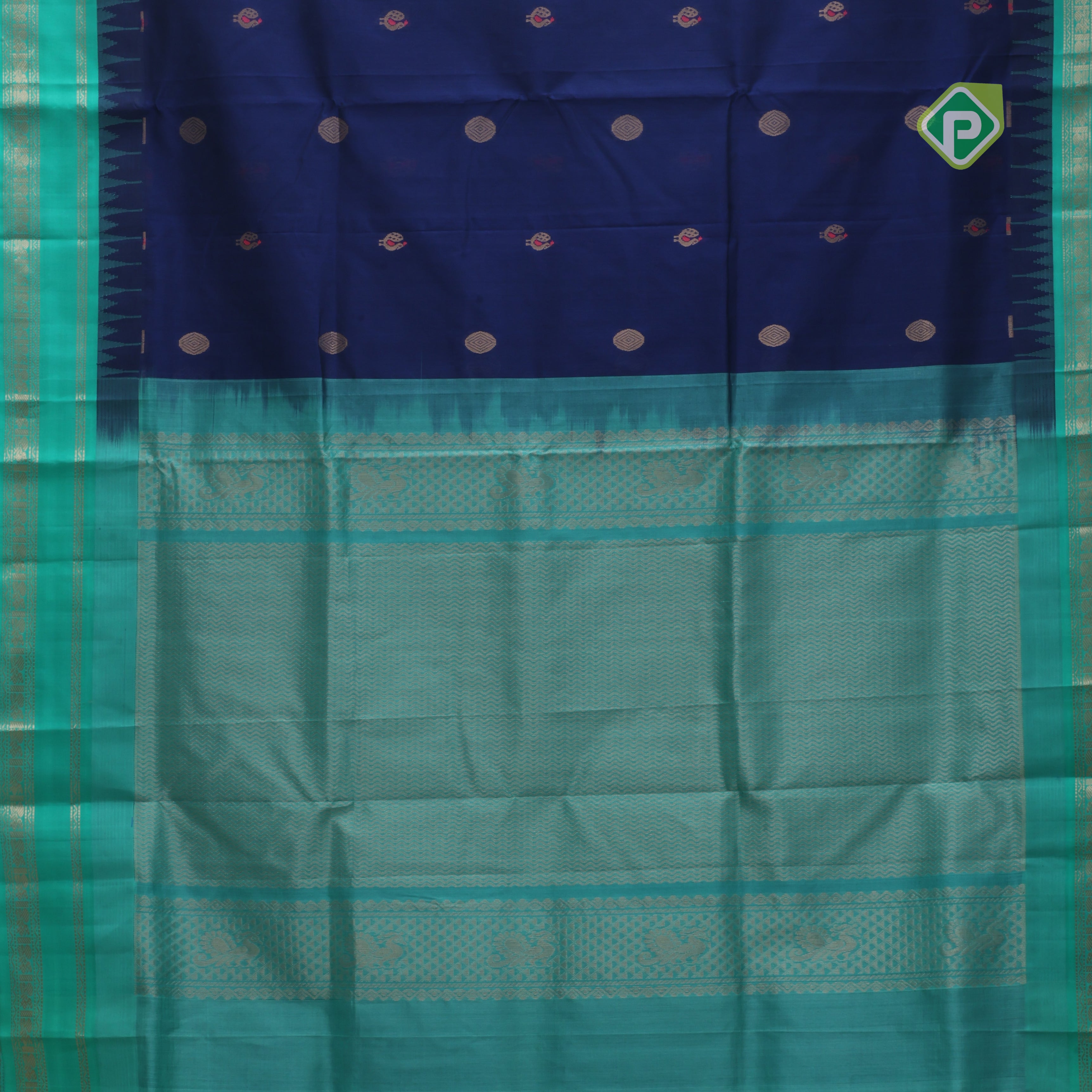 Indigo blue with zari butta meena work rama green gold zari border kuppadam silk cotton saree