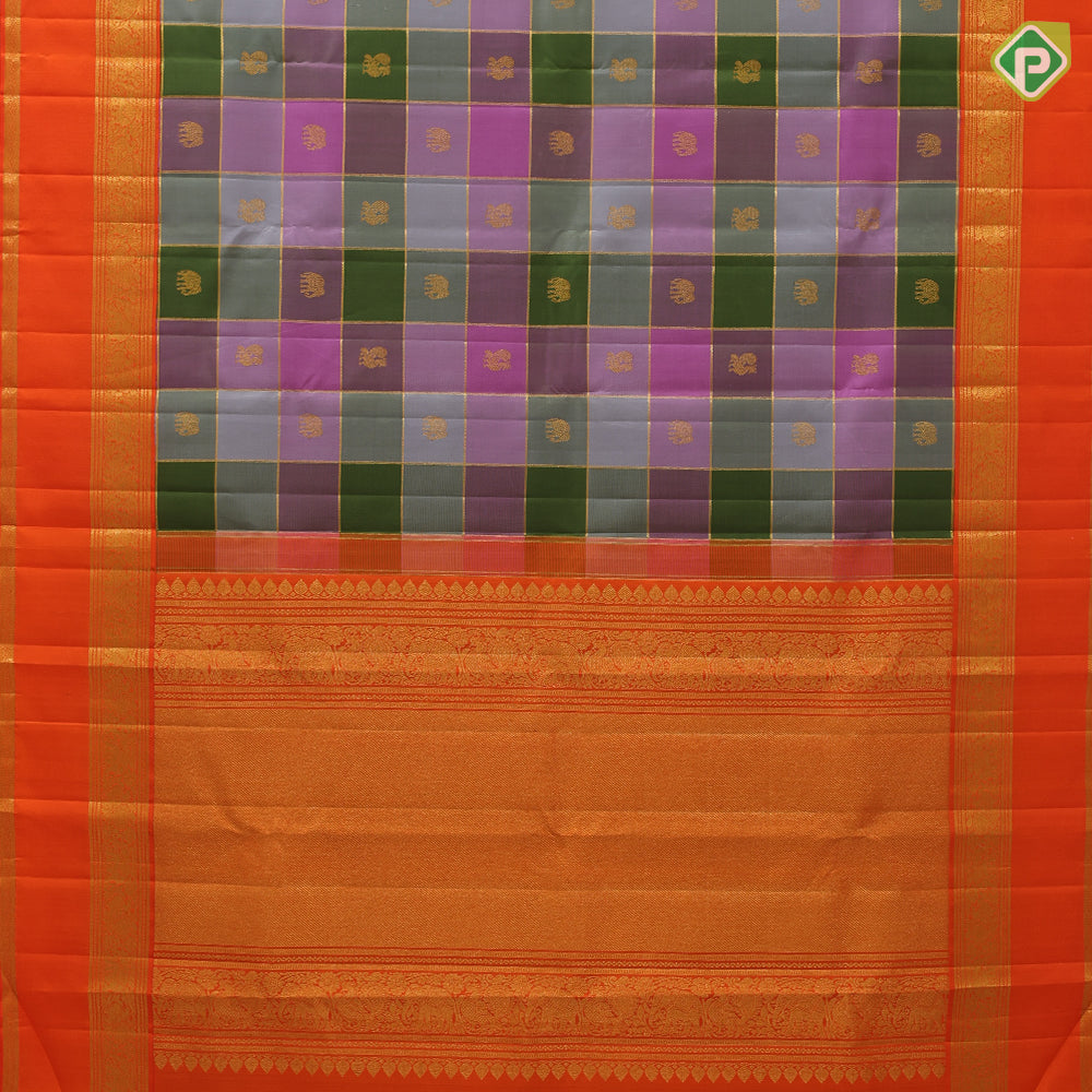 Pastel multi color gold zari checks annam elephant butta motifs fanta orange gold zari rettapett border traditional silk saree