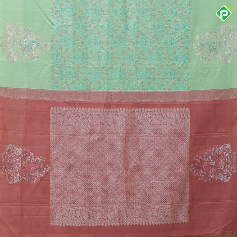 Pista green multi color thread fancy flower pot design self multi color zari peacock fancy butta border trendy designer silk saree