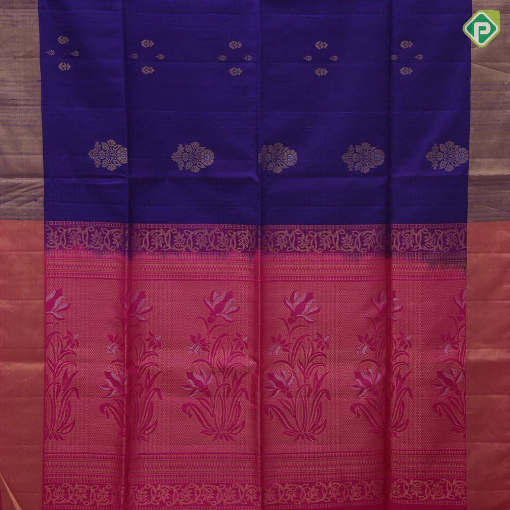 Purple blue gold zari flower bunch design contrast pallu and gold zari border soft silk saree