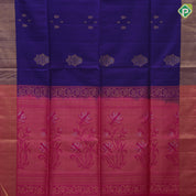 Purple blue gold zari flower bunch design contrast pallu and gold zari border soft silk saree