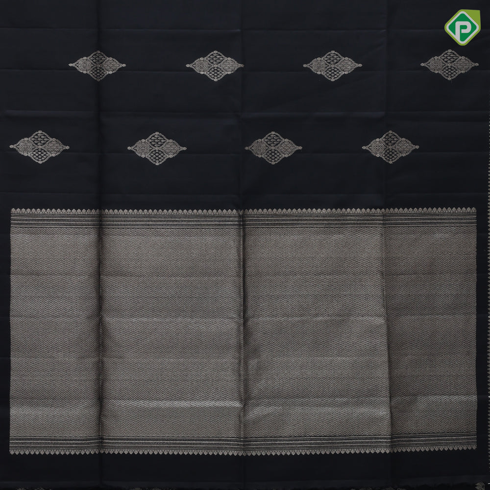Black silver gold zari classis art symbol butta self silver gold zari rangoli divided plain border soft silk saree