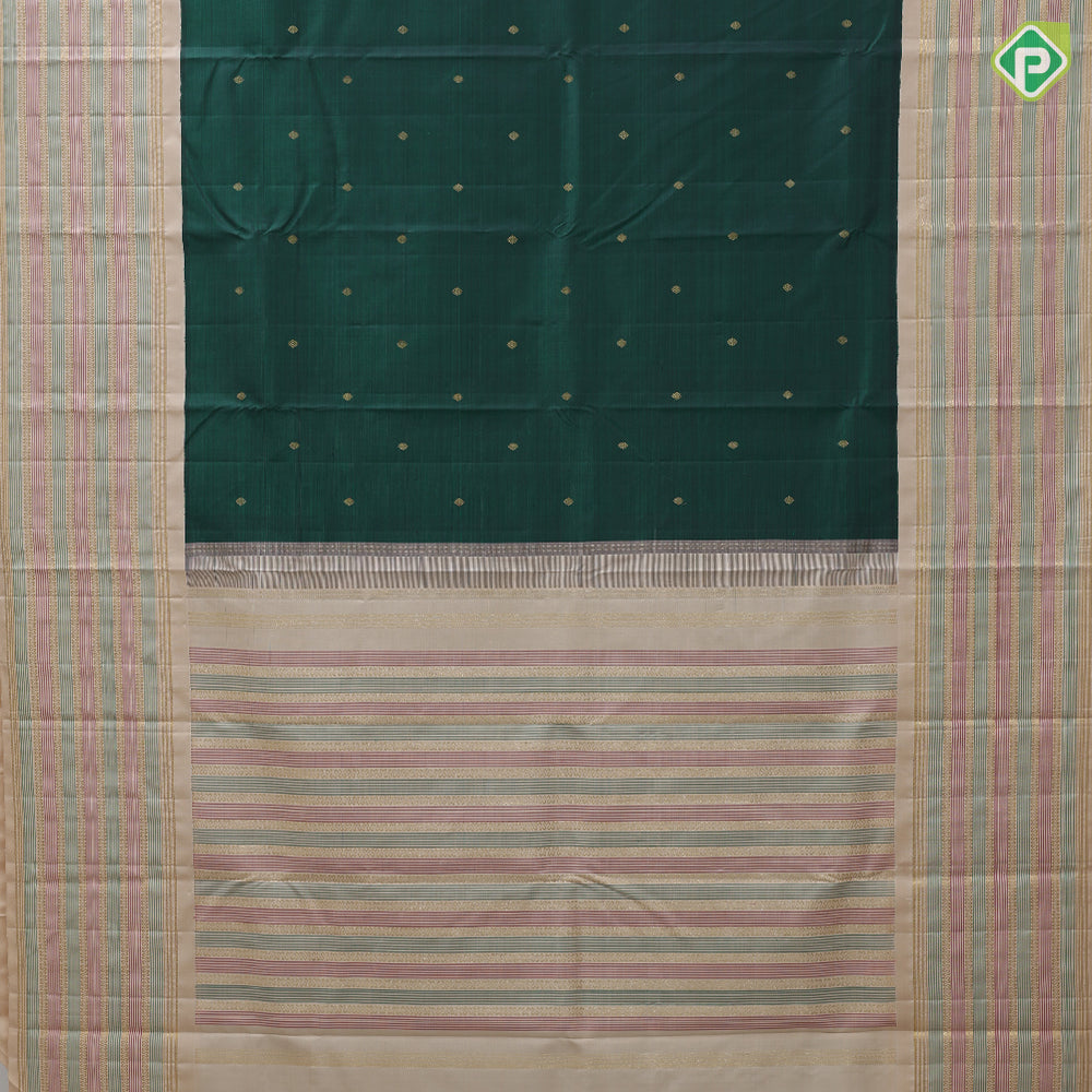 bottle green gold zari coin butta design peach gold zari and thread designed lines border traditional silk saree