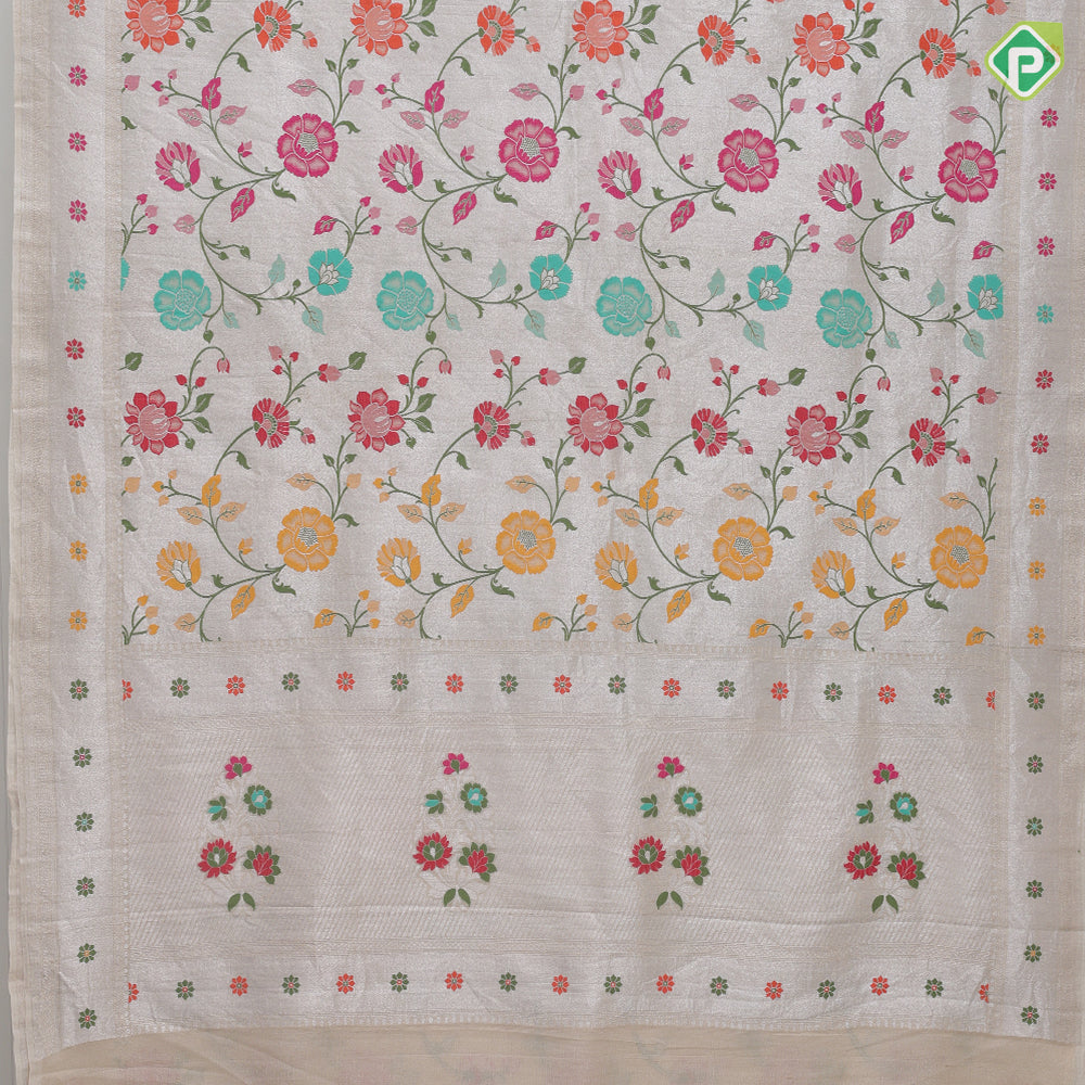 Silver grey multi color meena work banaras design self designed border tusser tissue saree