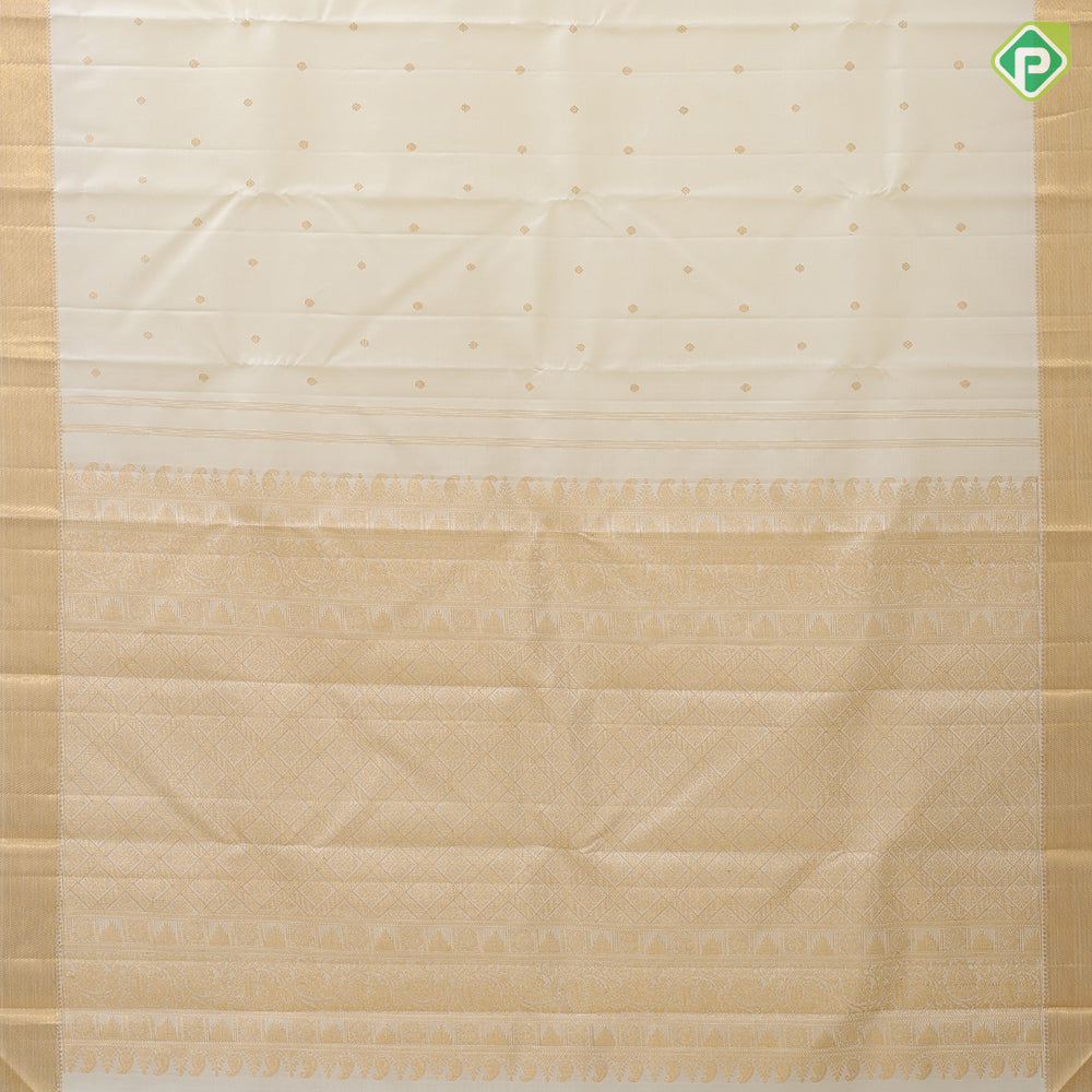 Milk white gold zari flower and coin butta design self gold zari bavanji border traditional silk saree