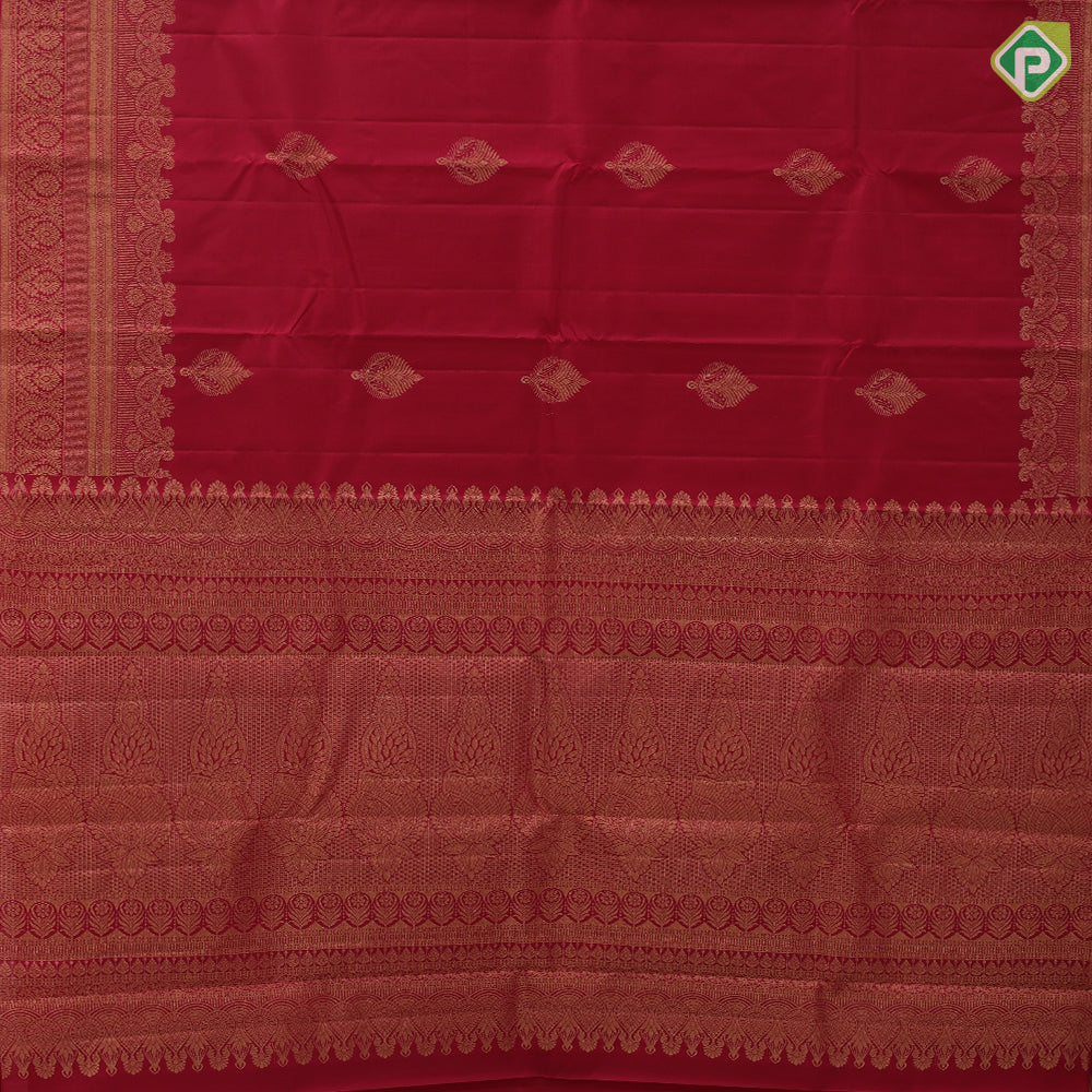 Maroon red gold zari fancy leaf design self gold mango butta turning border gift silk saree