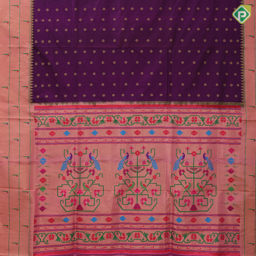 Purple gold zari flowers butta design onion pink gold zari paithani work border and pallu design banaras style silk saree