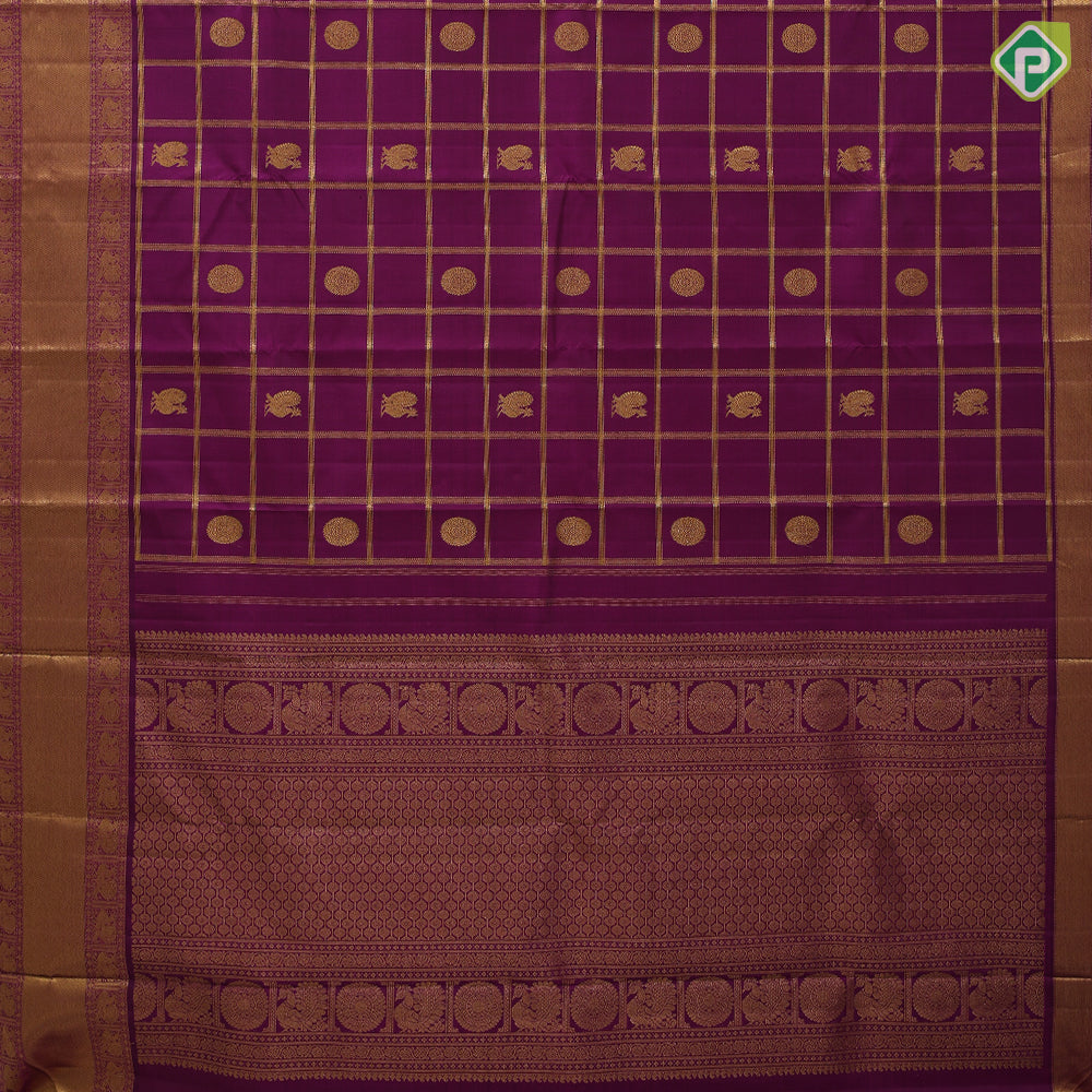 Magenta purple gold zari checks window panel butta design self gold zari peacock butta lines mid gap border traditional silk saree