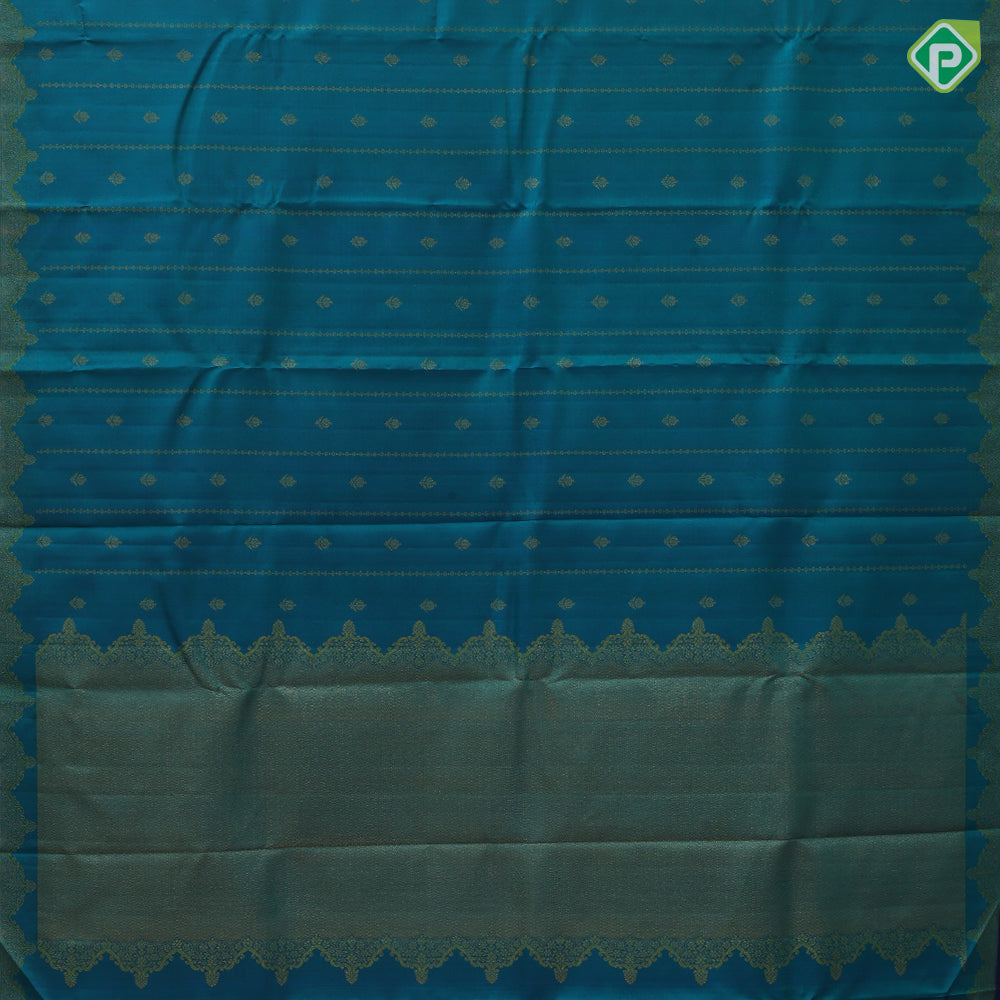 Peacock Blue Gold Zari Small Flower Motif Design Navy Blue Floral Border Edge Design Trendy Fancy Silk Saree