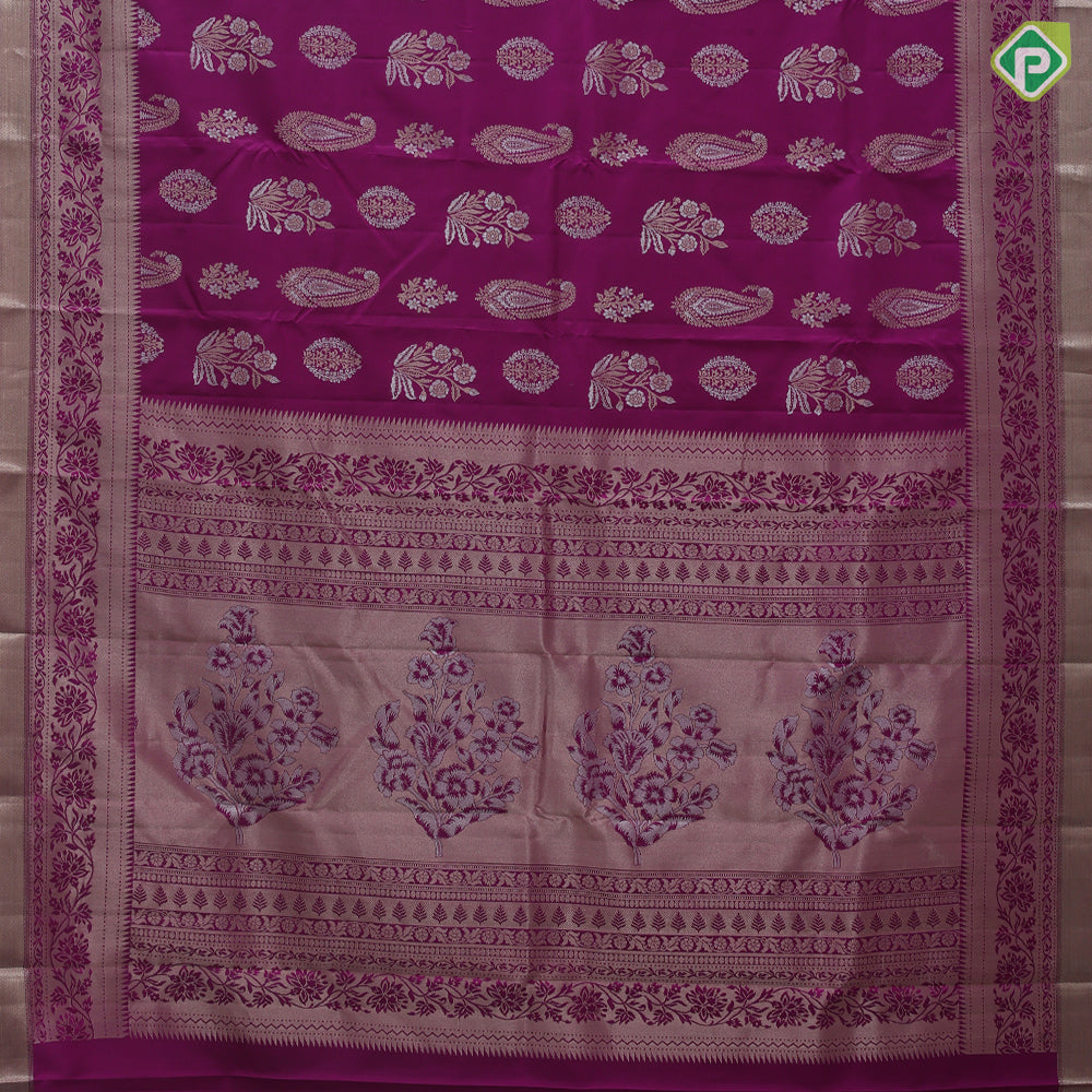 Magenta Gold Silver Zari Flower Manga Design Self Colour Floral Border Design Trendy Silk Saree
