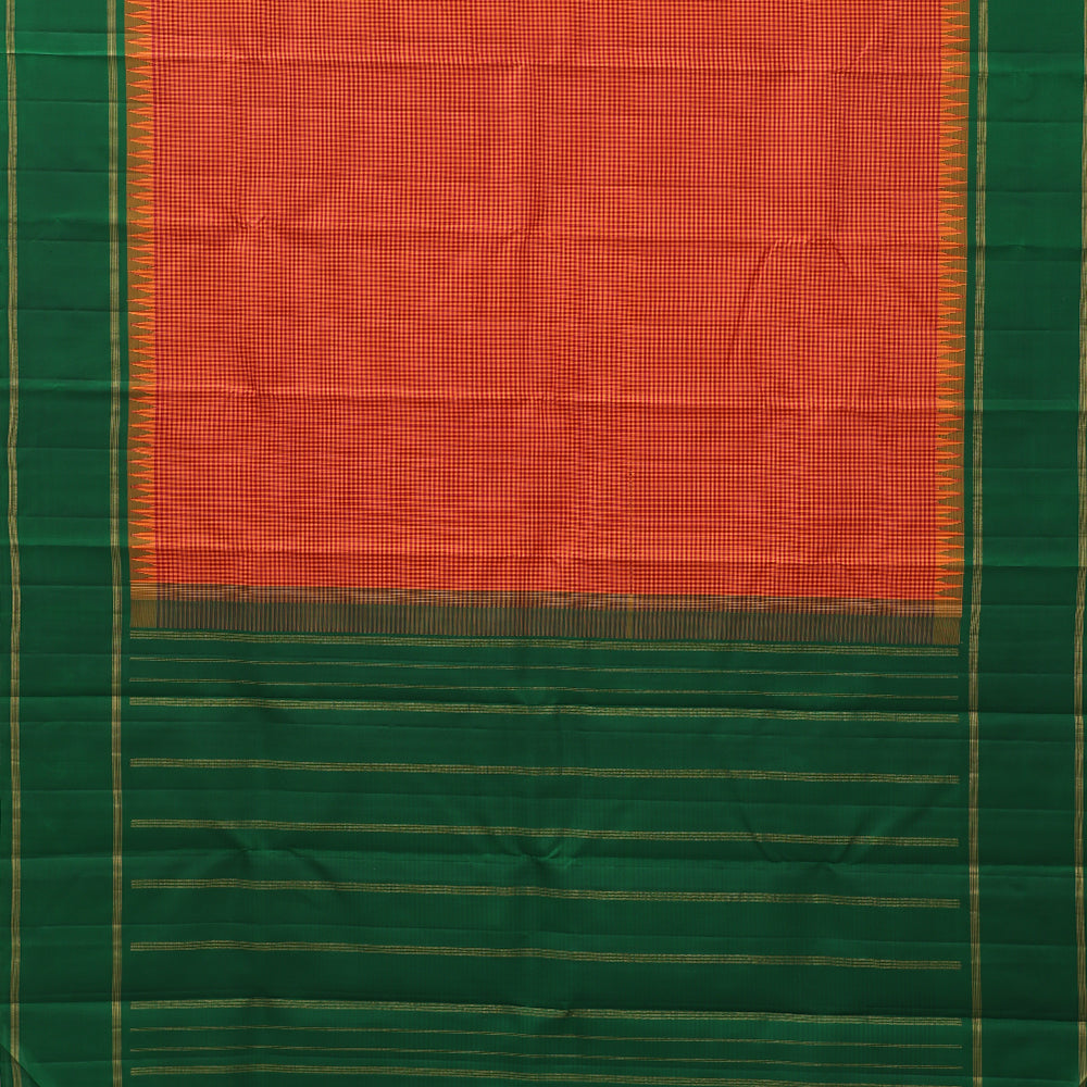 orange and red combo micro checks design forest green gold zari retta pett border gift silk saree