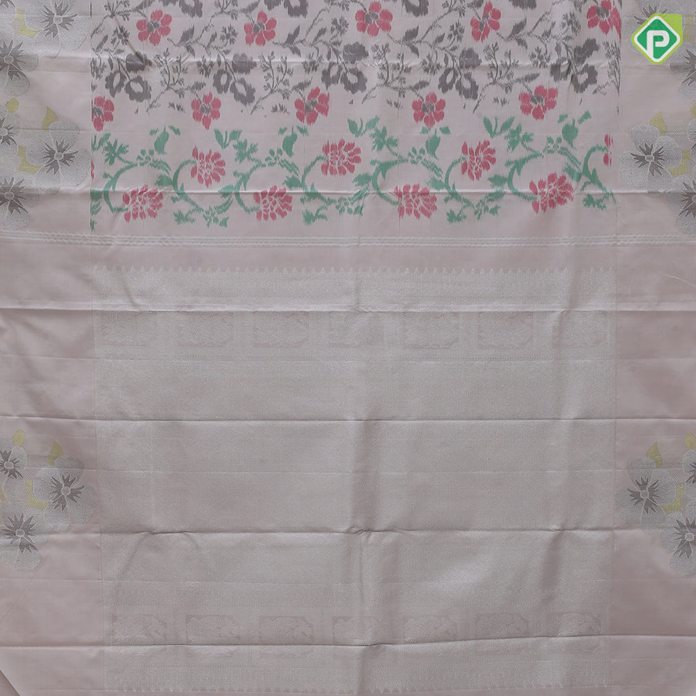 creamy peach multi color floral digital design self silver zari meena work border ikkat design silk saree