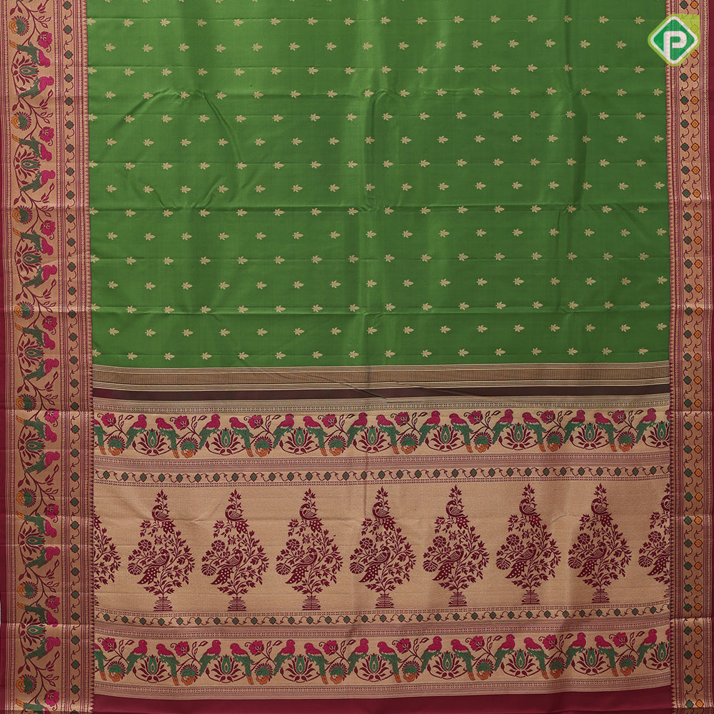 Forest green gold zari small leaf butta design marron red gold zari multi color pythoni style border gift silk saree