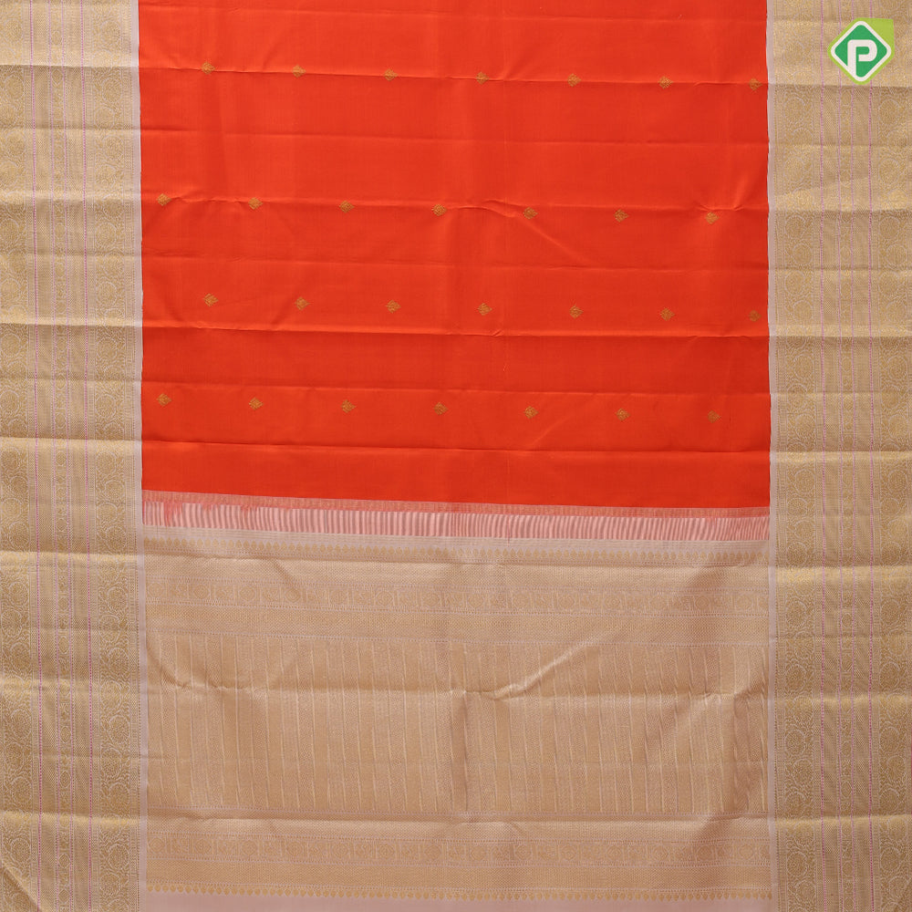 Fanta orange gold zari fancy leaf butta design cream white with gold zari pink butta and thread lines border vintage silk saree