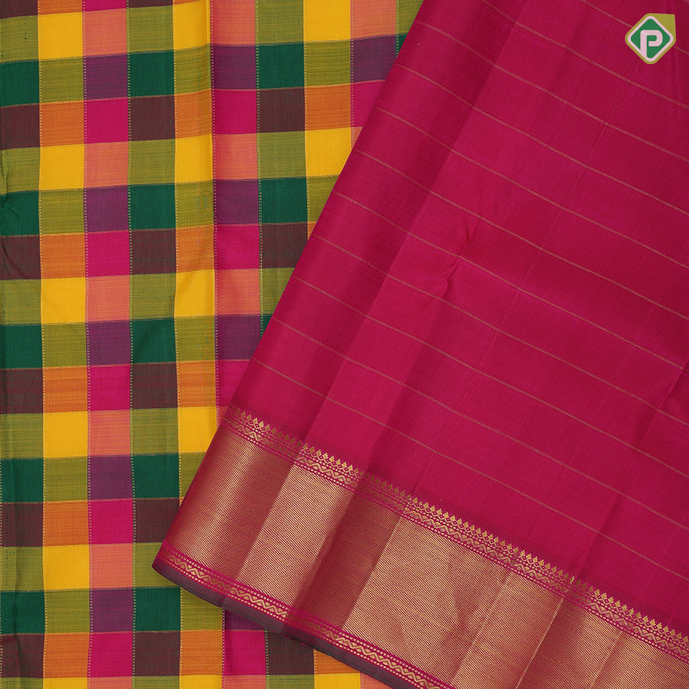 Multi colour gold zari checks design self gold zari bavanji border paalum pazhamun kattam silk saree
