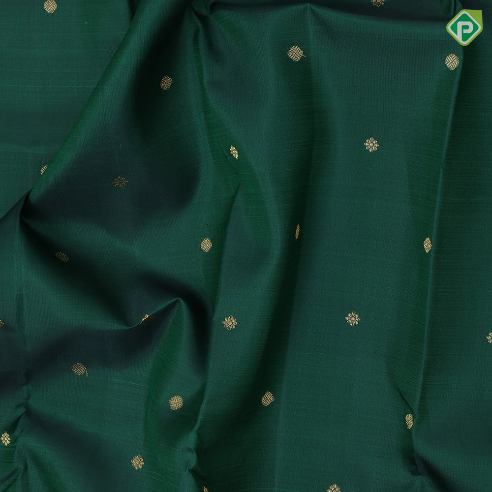Bottle Green Gold Zari Ruthracham Motif Maroon Colour Edge Mailgan Border Design Traditional Silk Saree