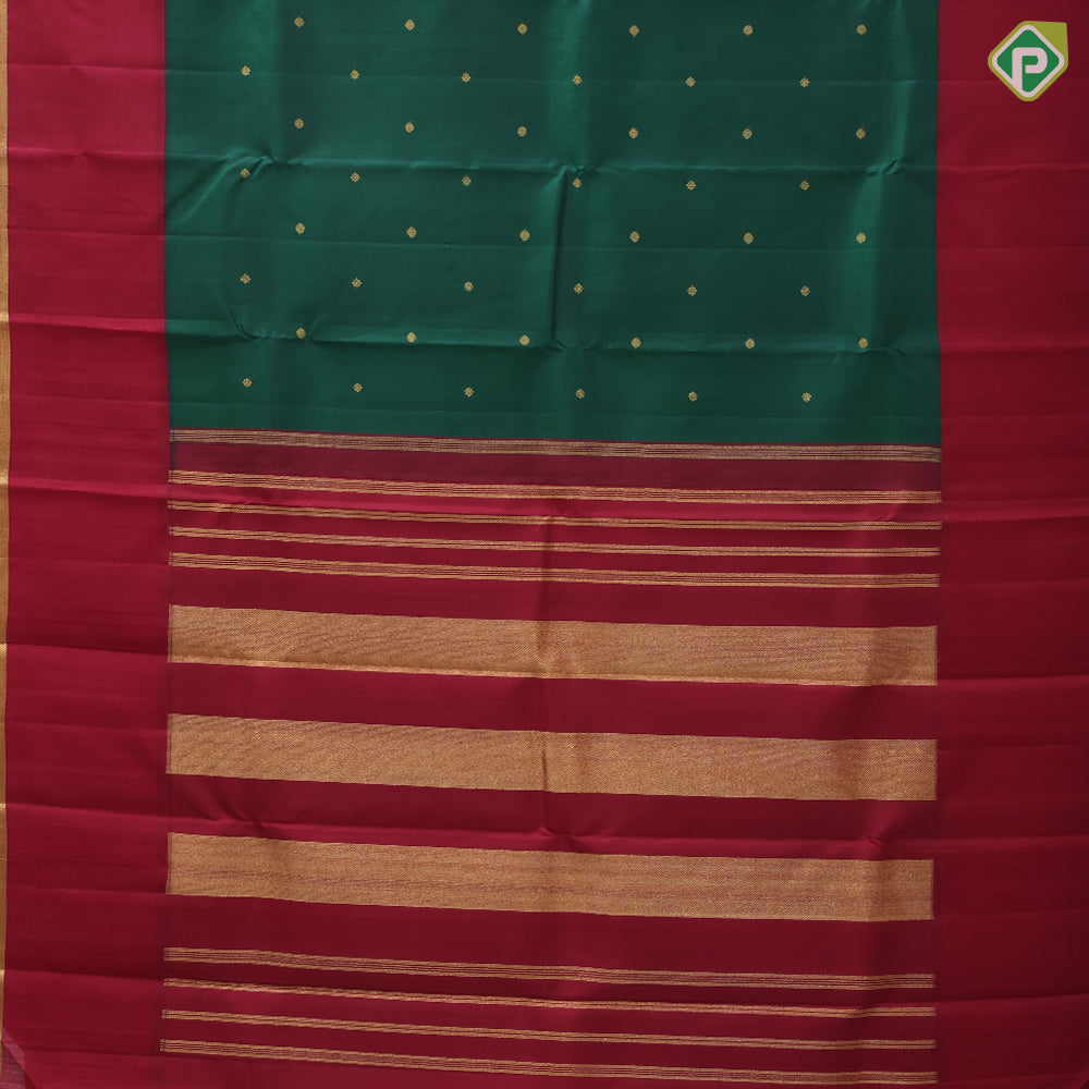 Bottle Green Gold Zari Ruthracham Motif Maroon Colour Edge Mailgan Border Design Traditional Silk Saree