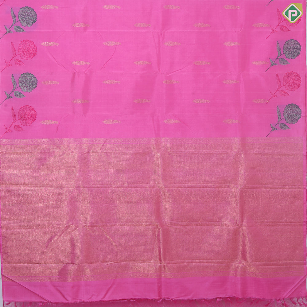 Bubblegum Pink With Gold Zari Sunflower Butta Border Trendy Designer Silk Saree