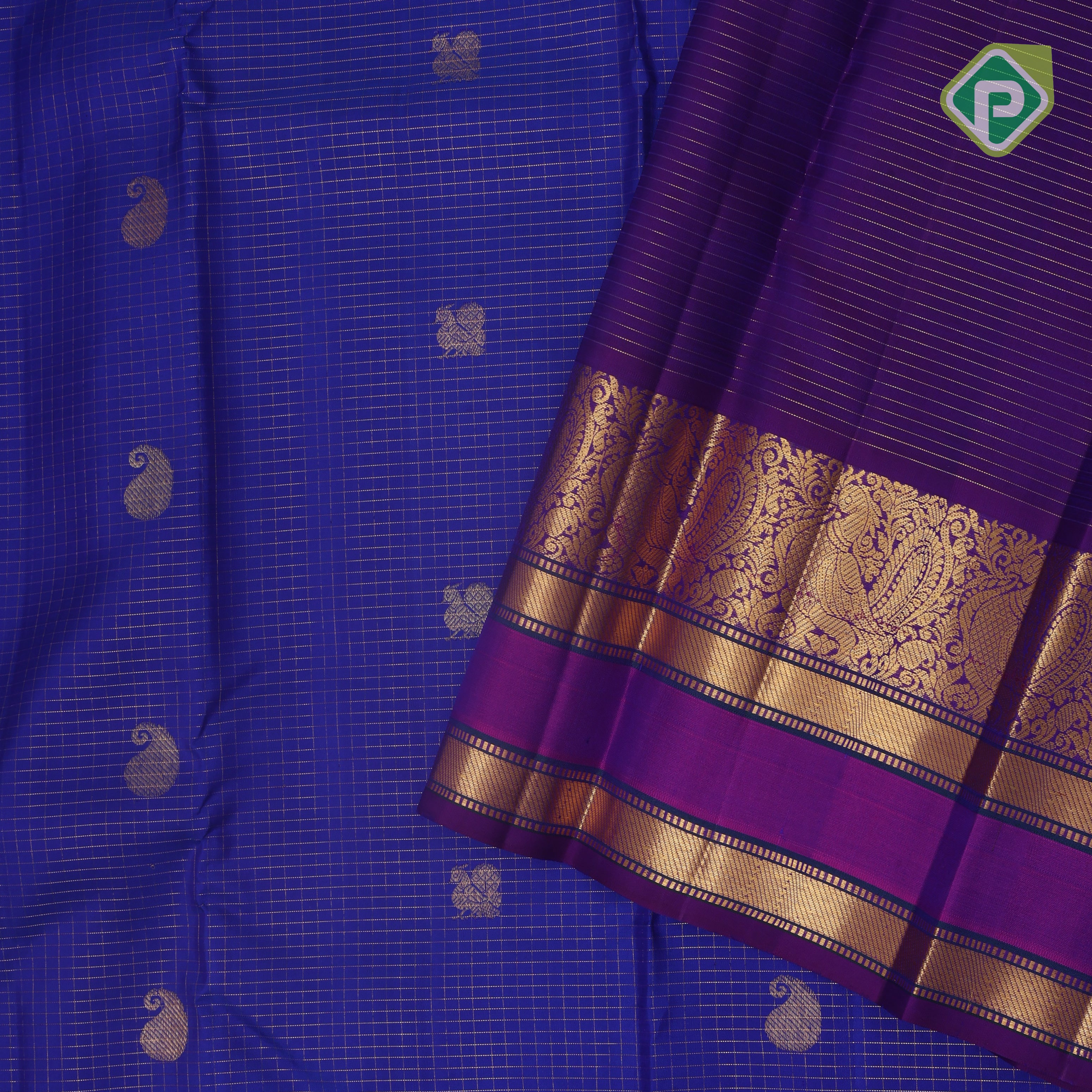 Robin blue gold zari mango butta purple gold zari peacock bentex border koorai silk saree
