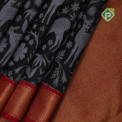 Luxury black grey silk thread wild effect design contrast red gold zari zig zag border trendy designer silk saree