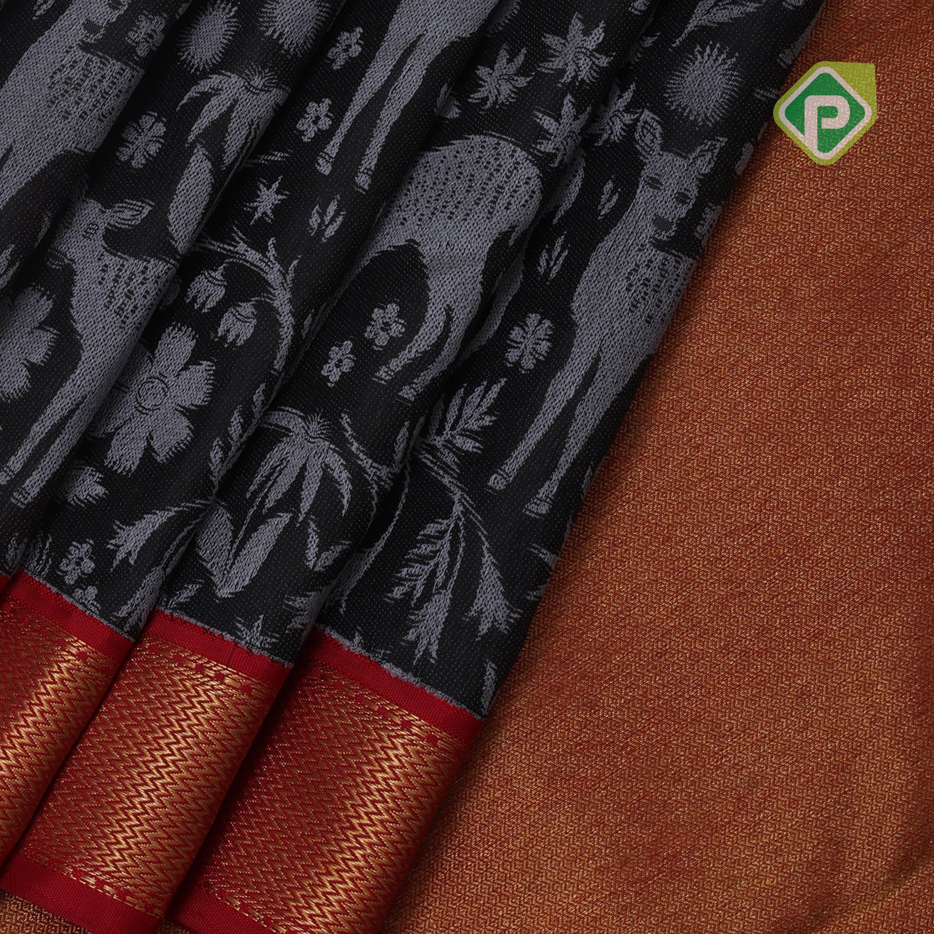 Luxury black grey silk thread wild effect design contrast red gold zari zig zag border trendy designer silk saree
