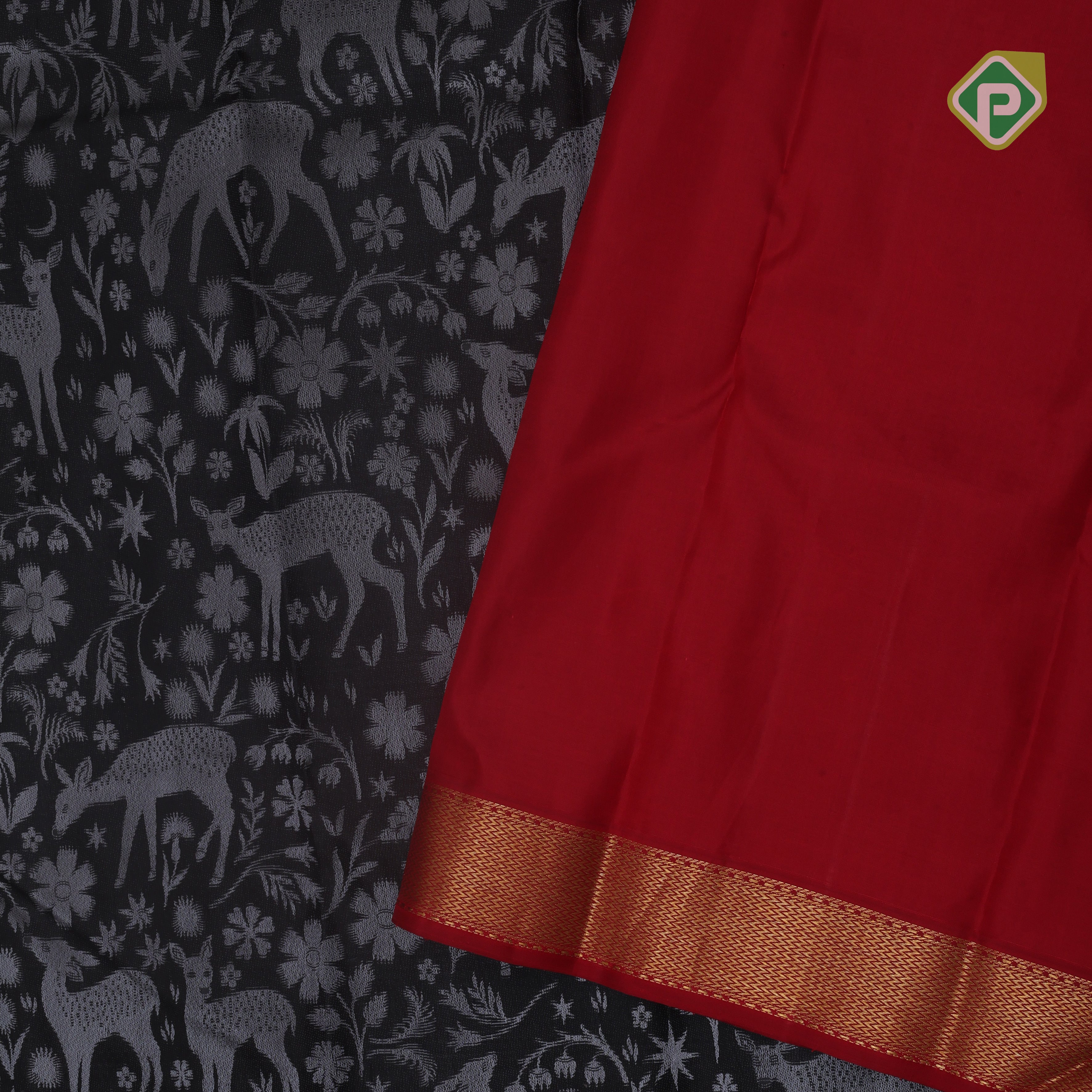 Luxury black grey silk thread wild effect design contrast red gold zari zig zag border trendy designer silk saree