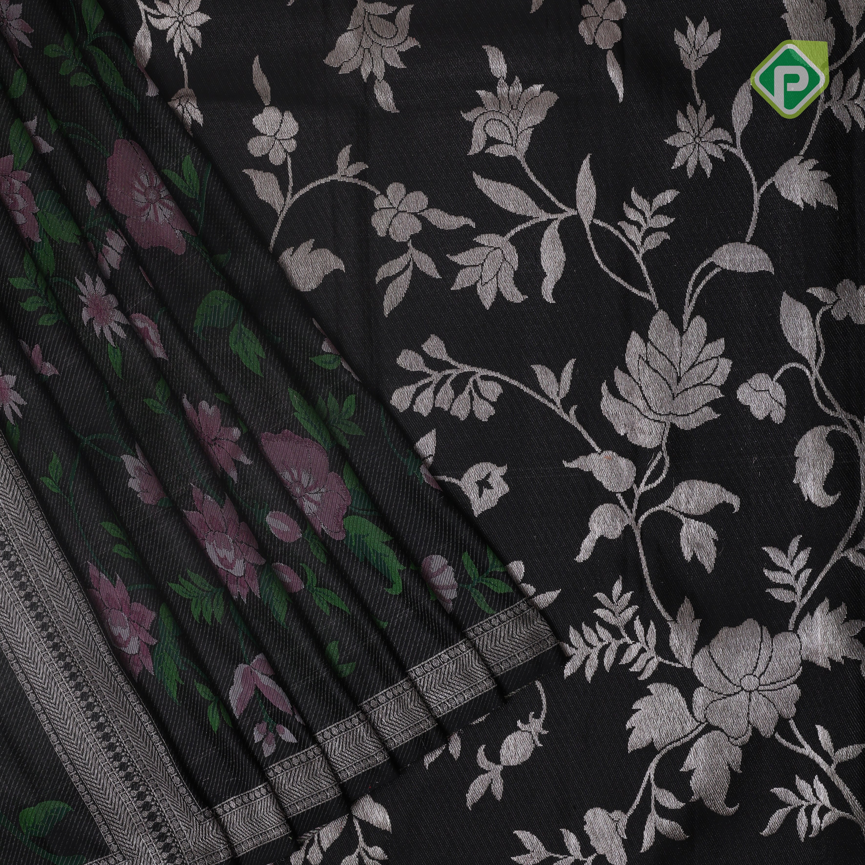 Luxury black multi color meena work design Self silver zari edge border trendy designer silk saree