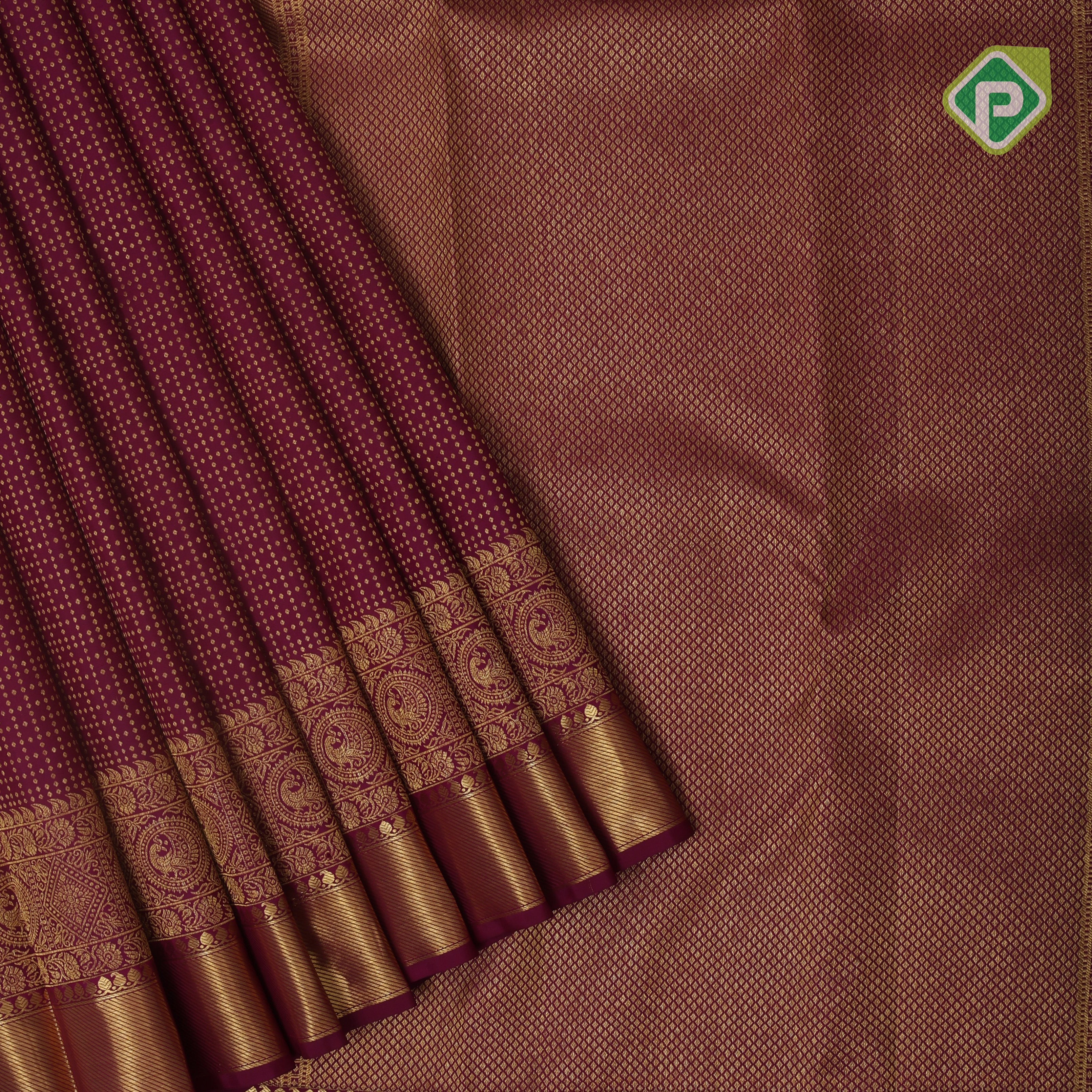 Magenta gold zari dot lines design self gold zari double design border Koorai silk saree