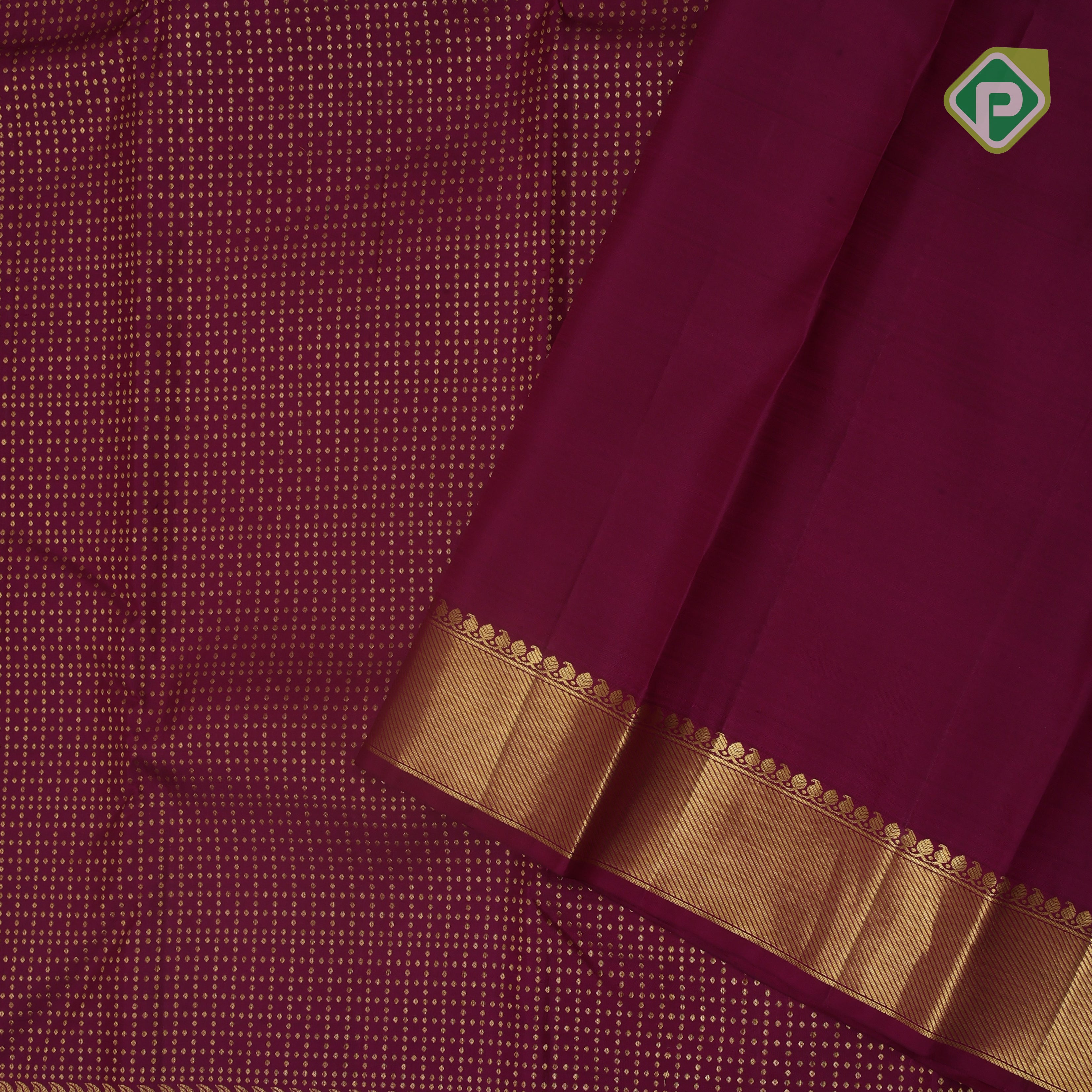 Magenta gold zari dot lines design self gold zari double design border Koorai silk saree