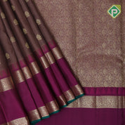 Chocolate gold zari leaf butta purple bentex temple border koorai silk saree