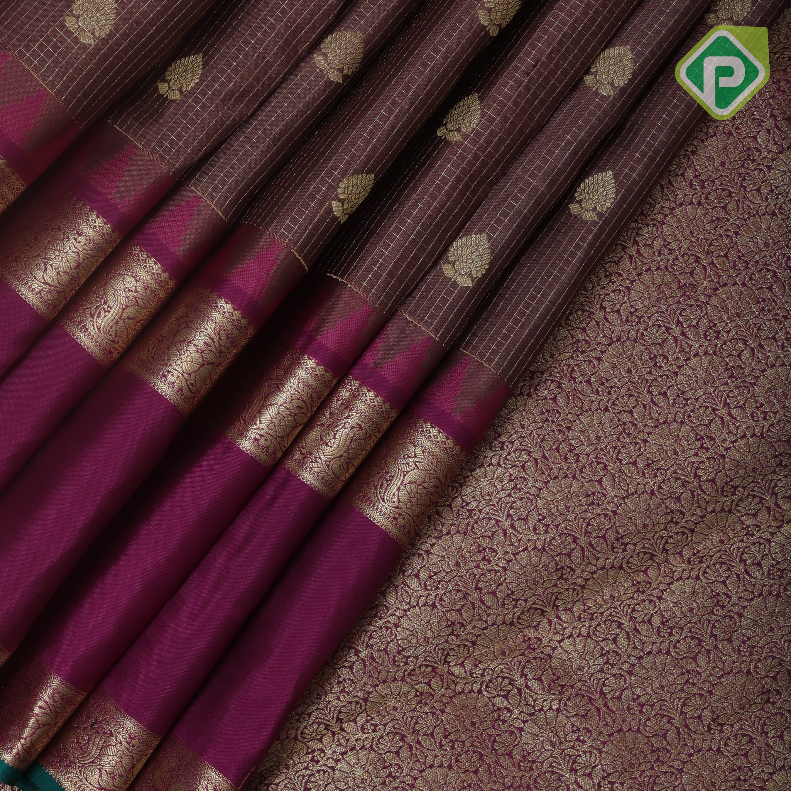 Chocolate gold zari leaf butta purple bentex temple border koorai silk saree