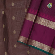 Chocolate gold zari leaf butta purple bentex temple border koorai silk saree