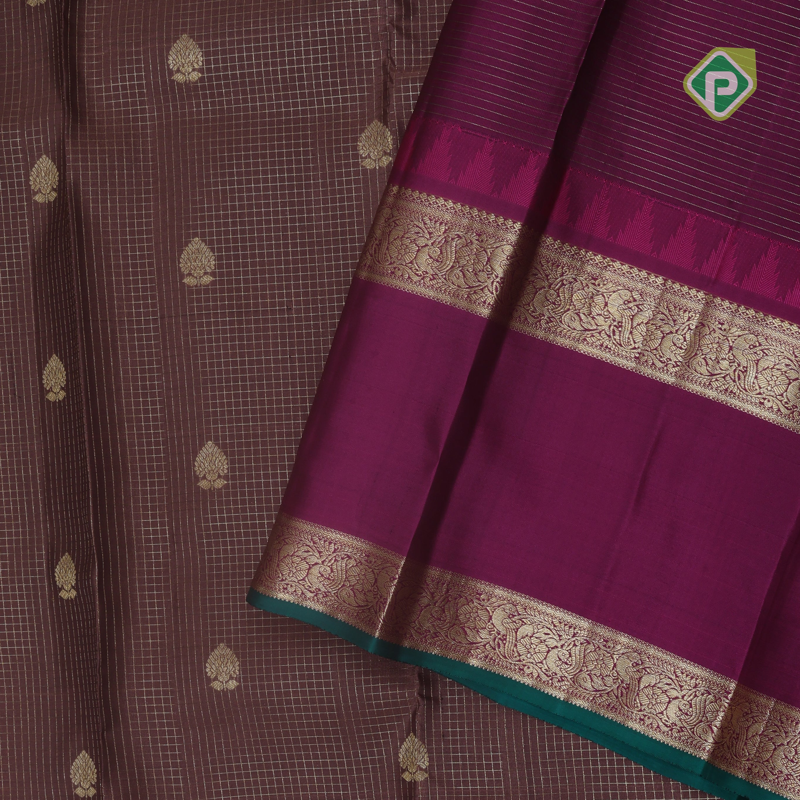 Chocolate gold zari leaf butta purple bentex temple border koorai silk saree