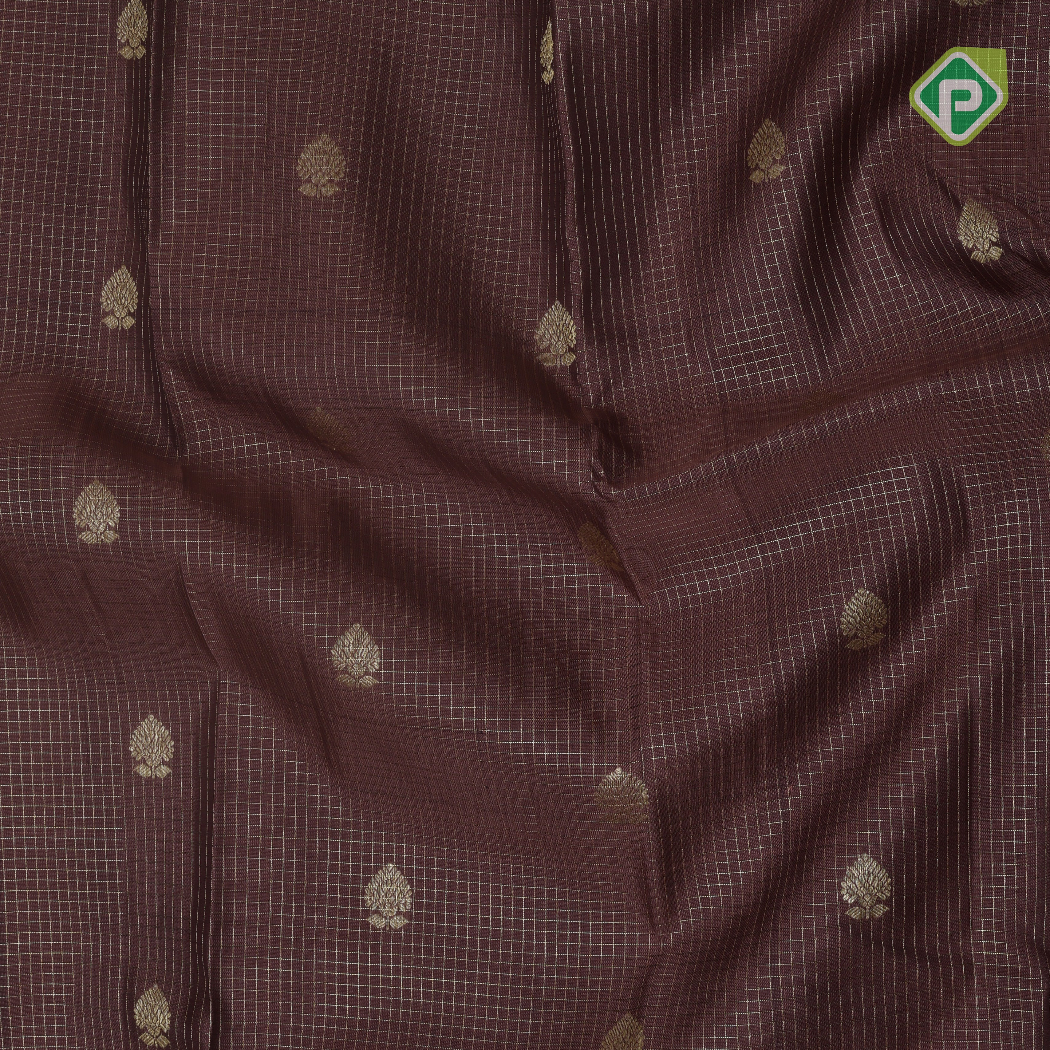 Chocolate gold zari leaf butta purple bentex temple border koorai silk saree