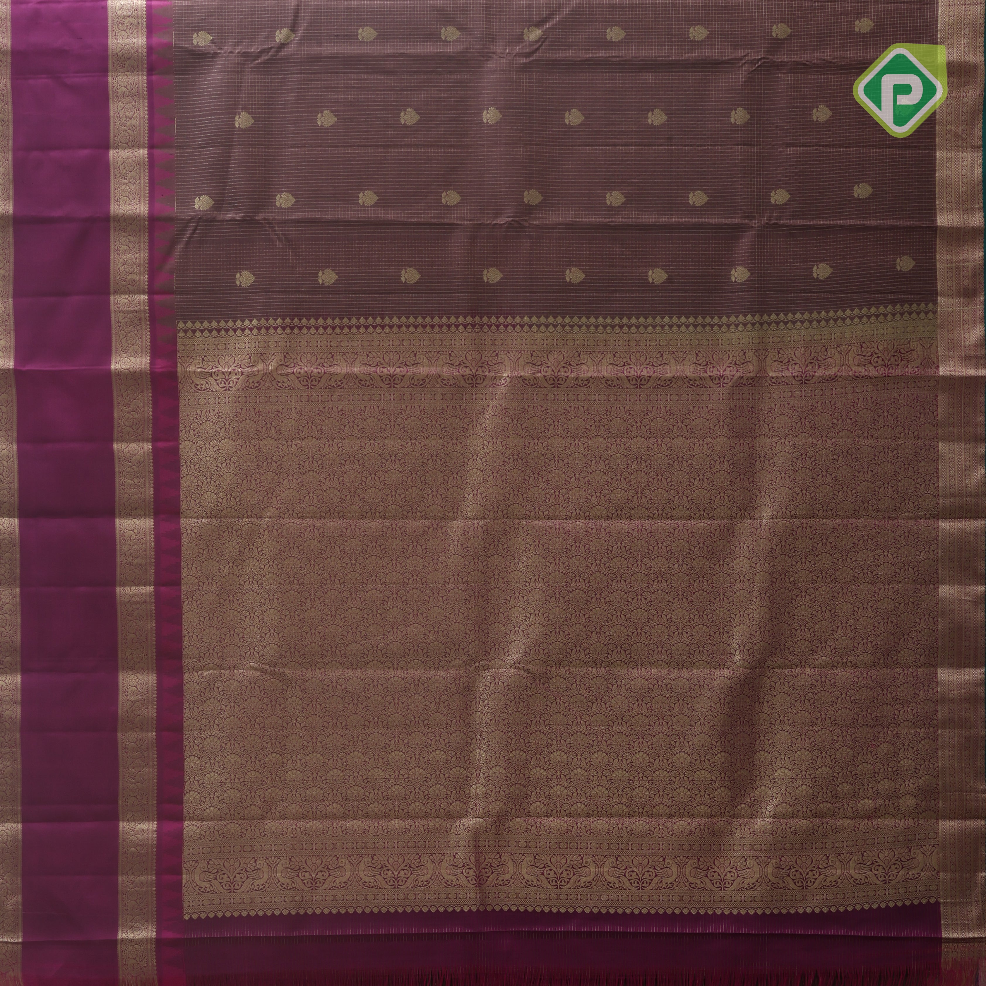 Chocolate gold zari leaf butta purple bentex temple border koorai silk saree