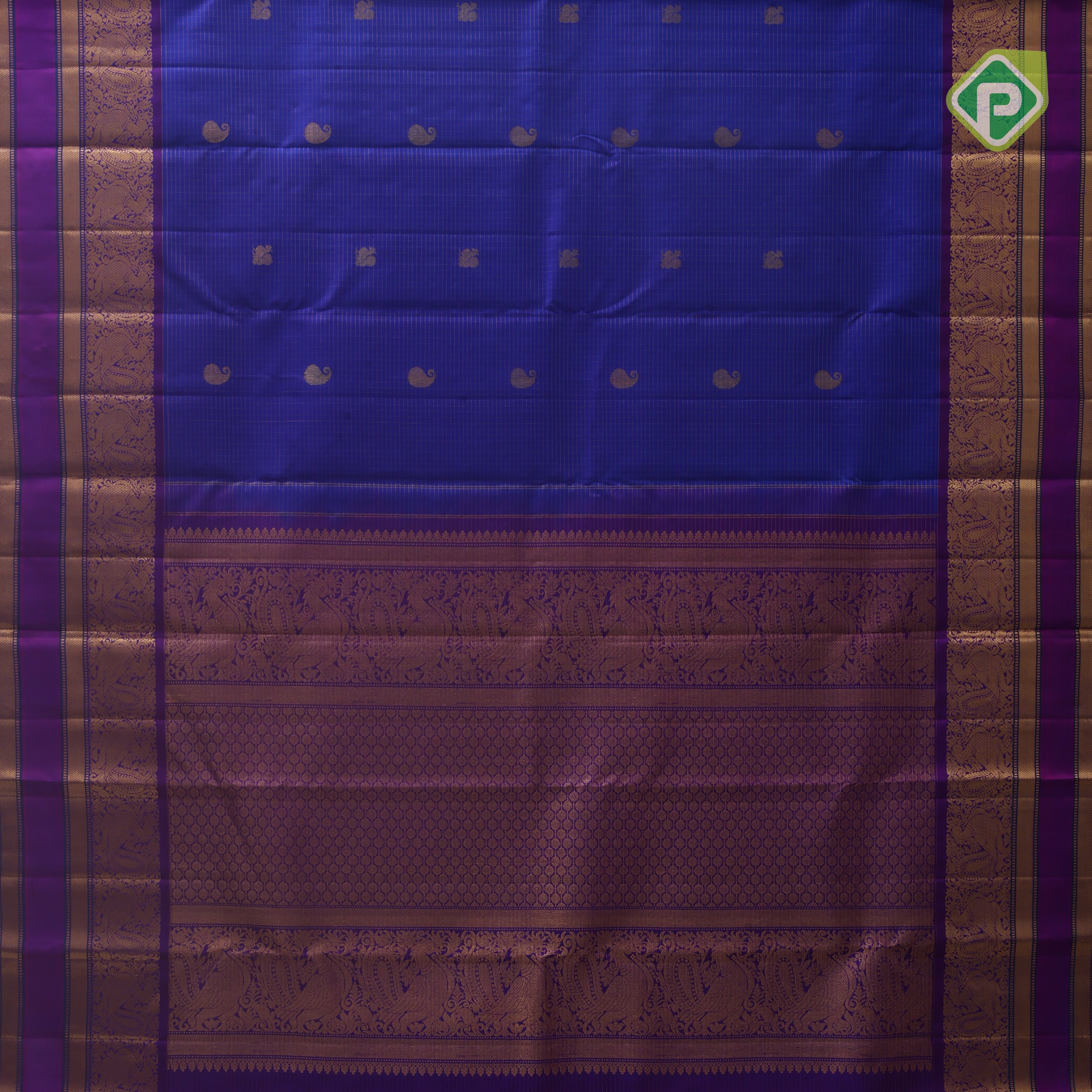 Robin blue gold zari mango butta purple gold zari peacock bentex border koorai silk saree