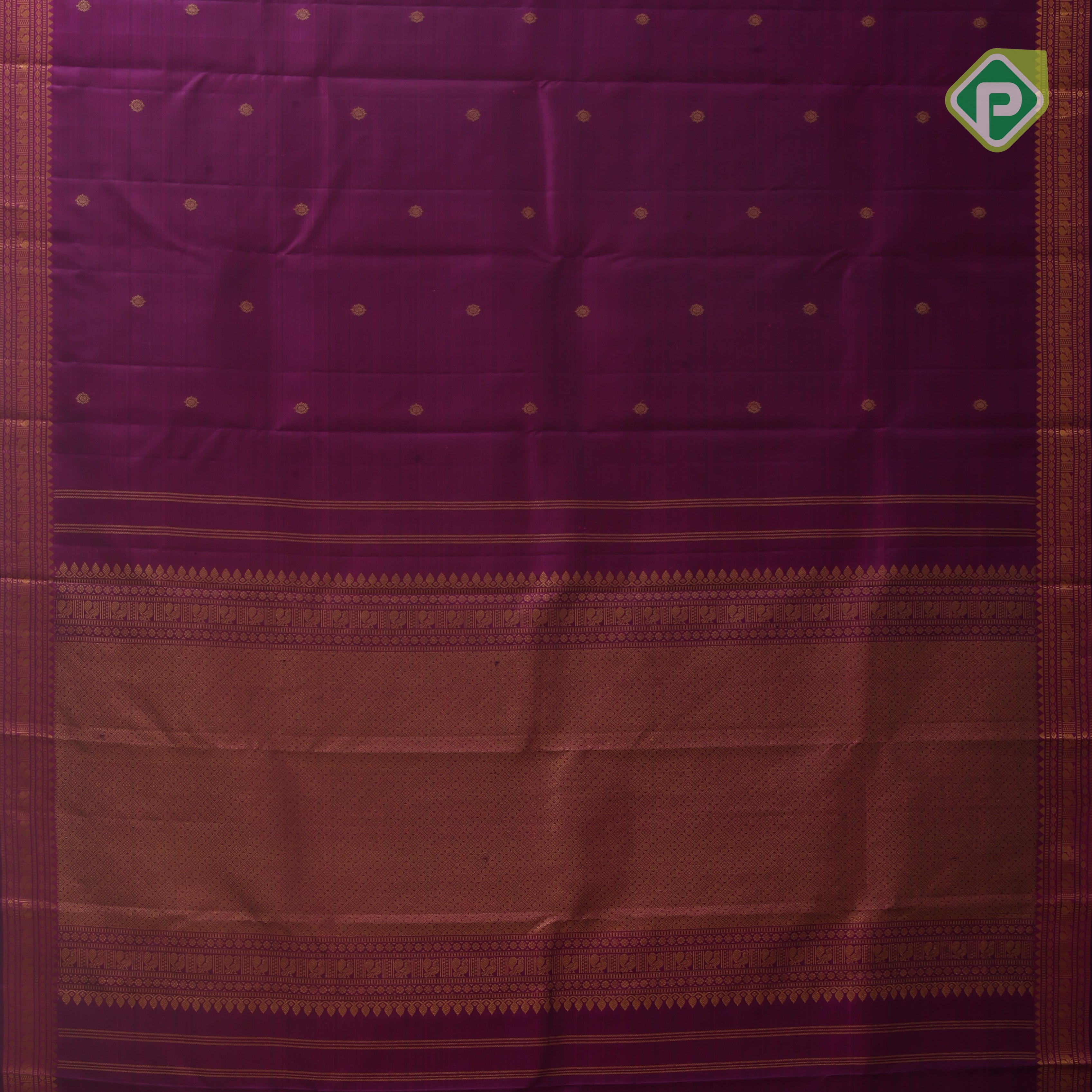 Magenta gold zari dot lines design self gold zari double design border Koorai silk saree