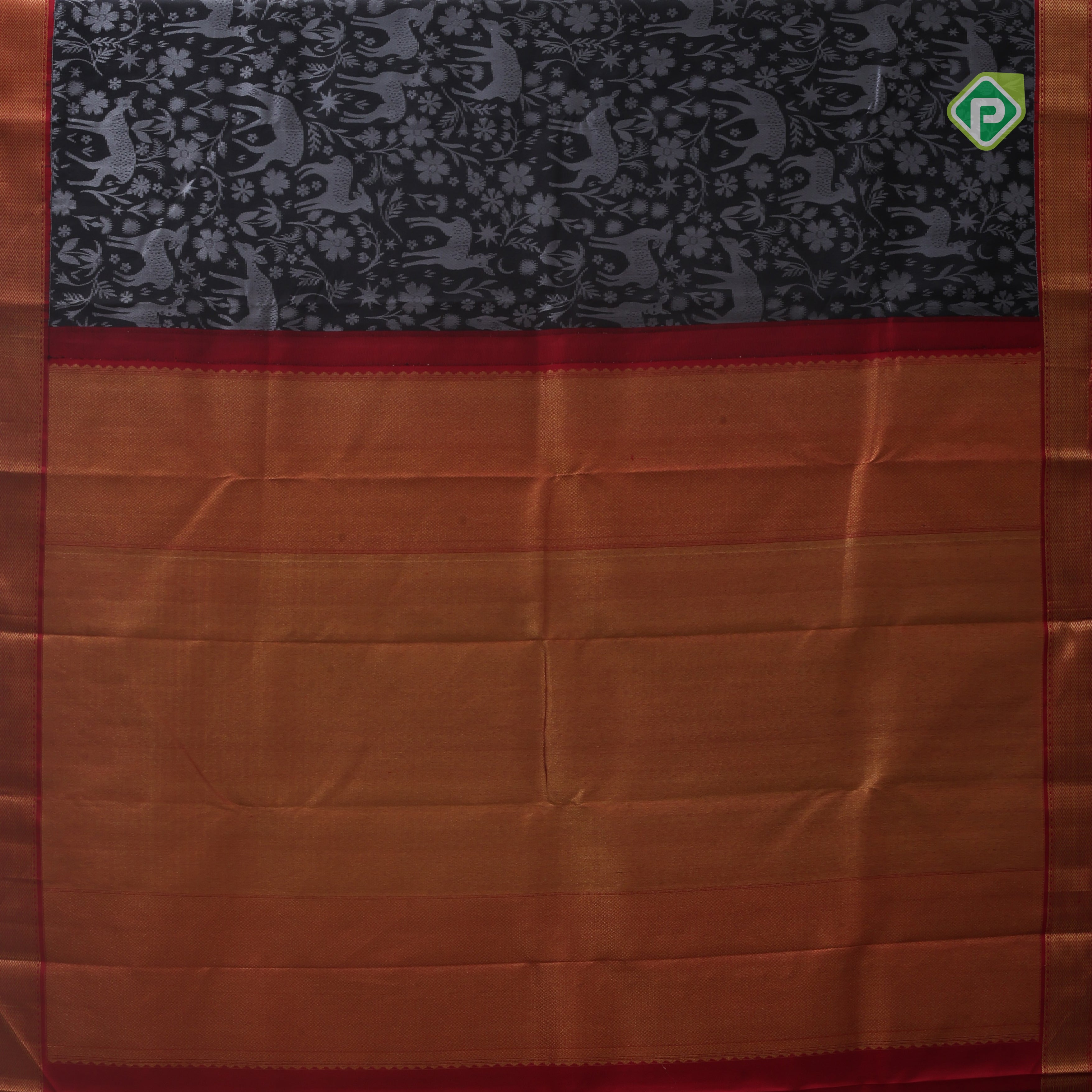 Luxury black grey silk thread wild effect design contrast red gold zari zig zag border trendy designer silk saree