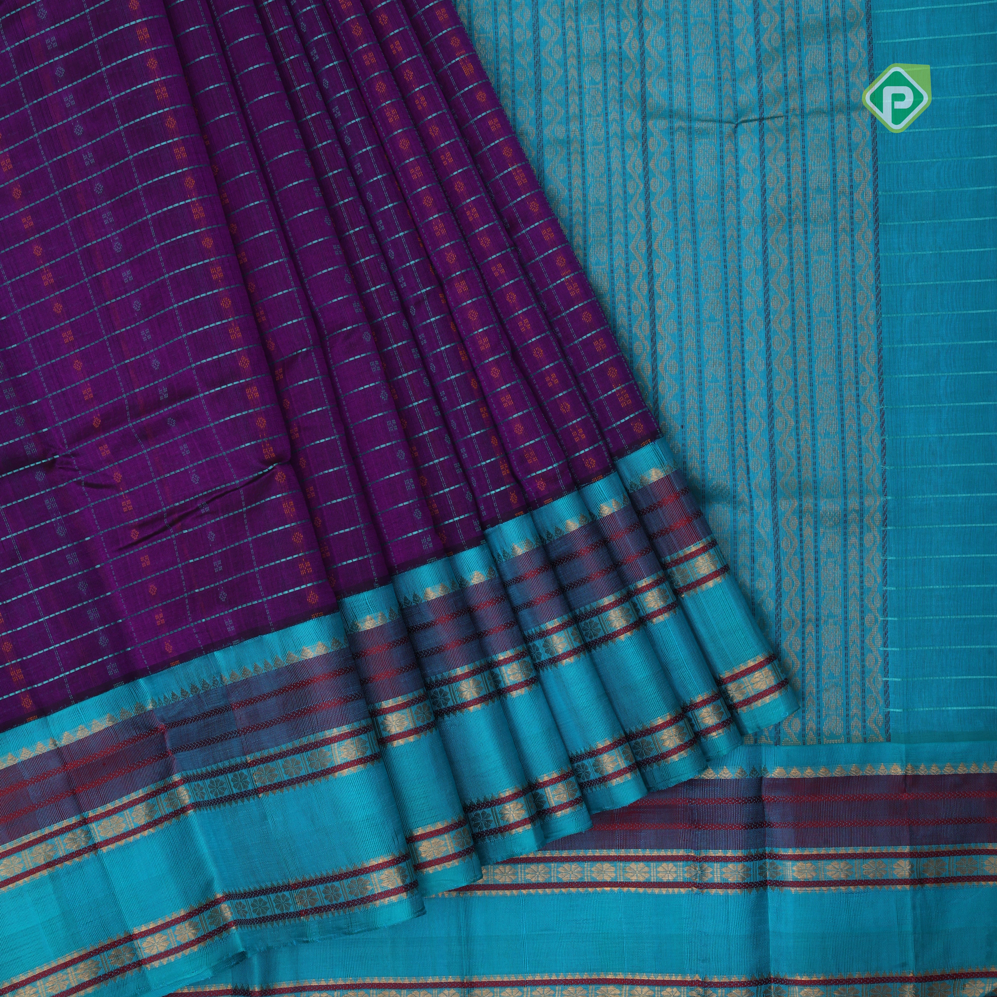 Purple base green thread checks and butta design double color gold zari border silk cotton saree