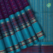 Purple base green thread checks and butta design double color gold zari border silk cotton saree