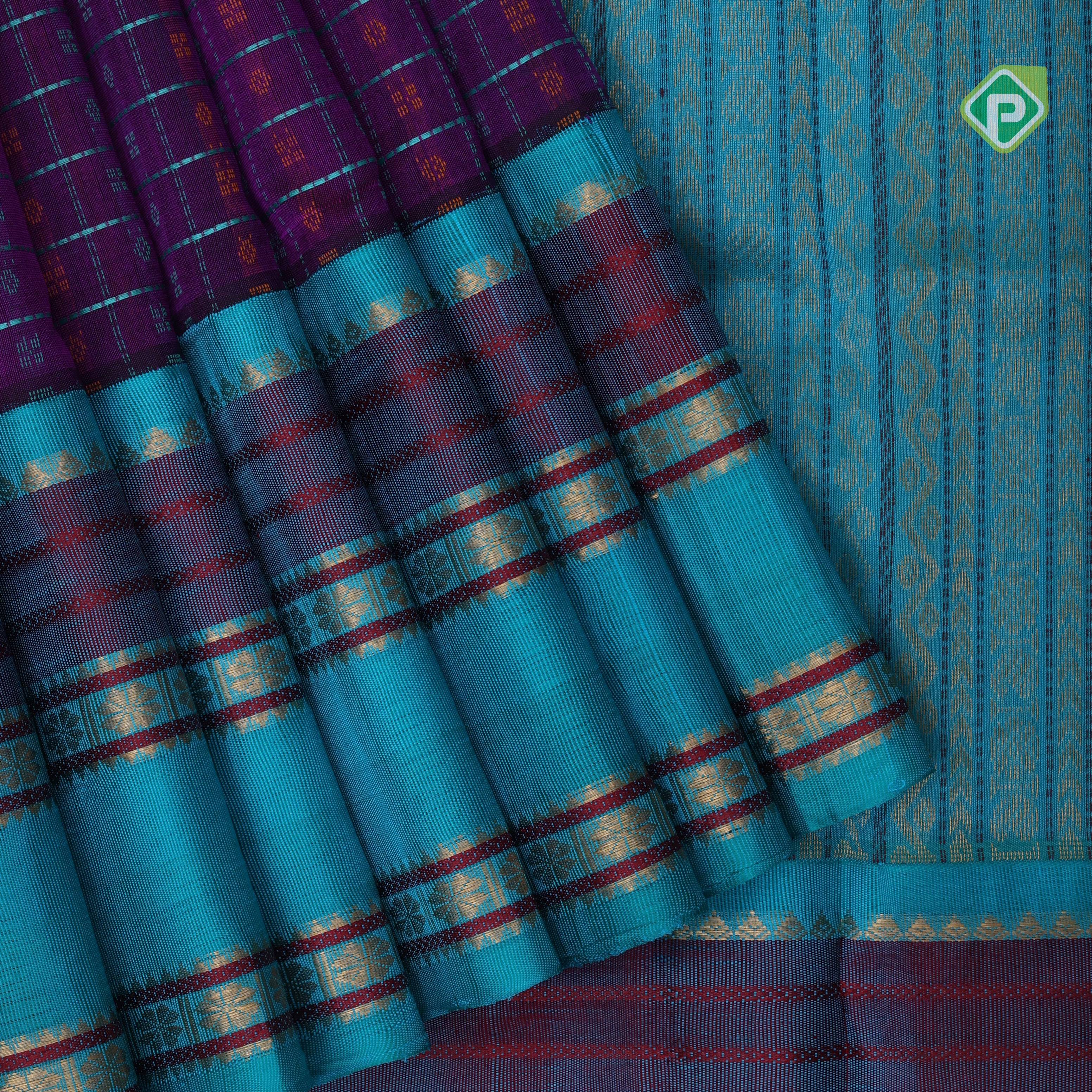 Purple base green thread checks and butta design double color gold zari border silk cotton saree