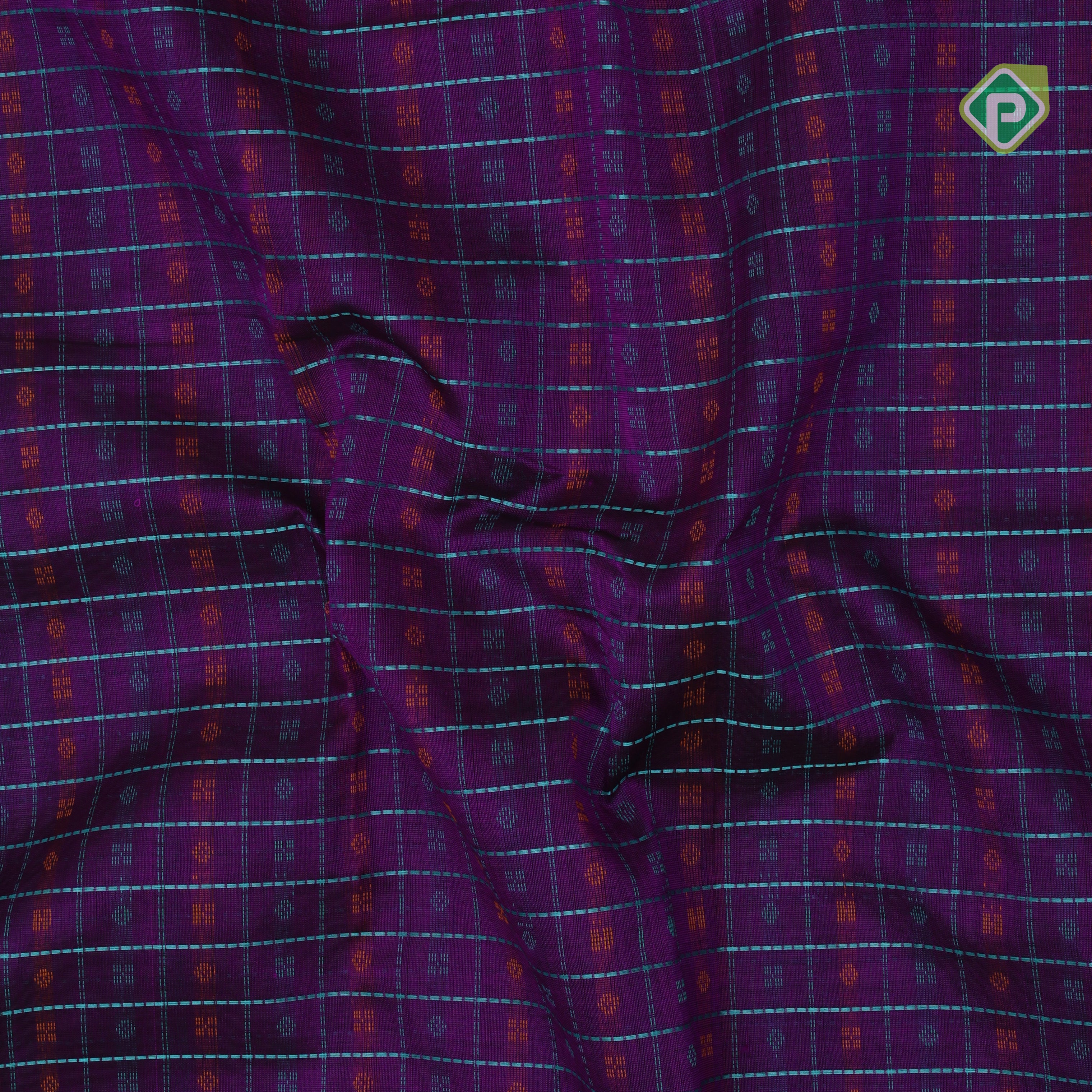 Purple base green thread checks and butta design double color gold zari border silk cotton saree