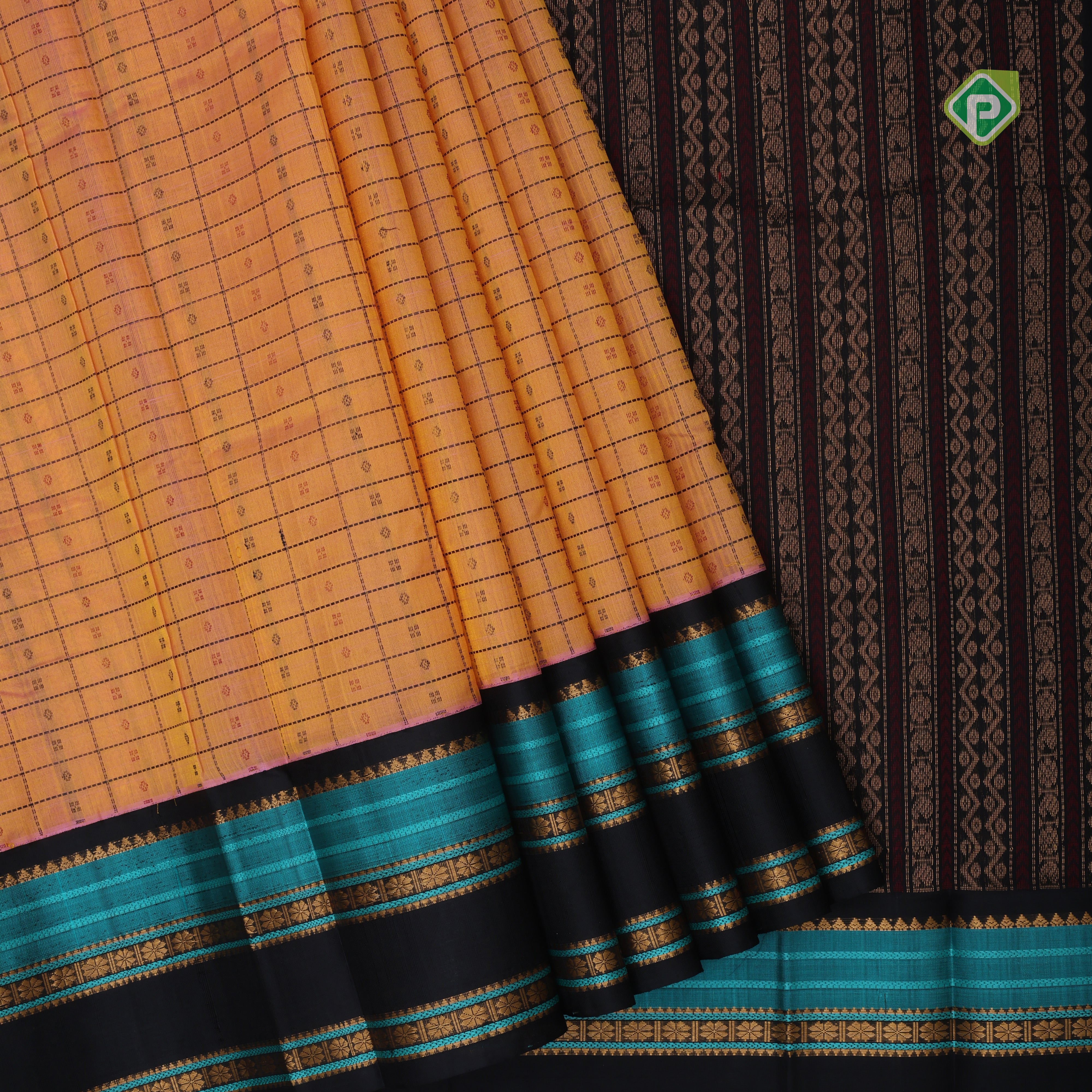 peach orange base thread checks and butta design double color gold zari border silk cotton saree