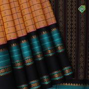 peach orange base thread checks and butta design double color gold zari border silk cotton saree