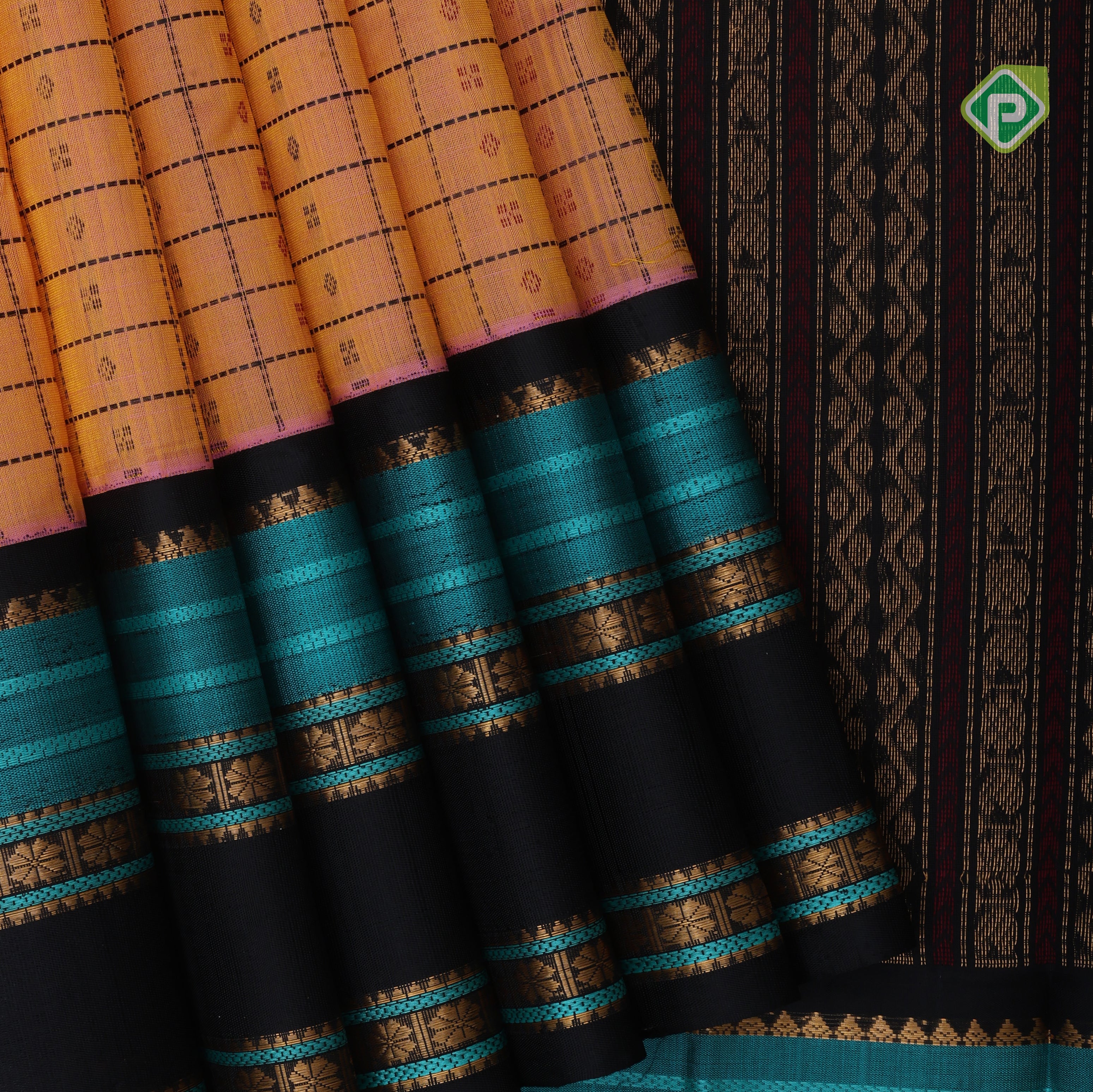 peach orange base thread checks and butta design double color gold zari border silk cotton saree