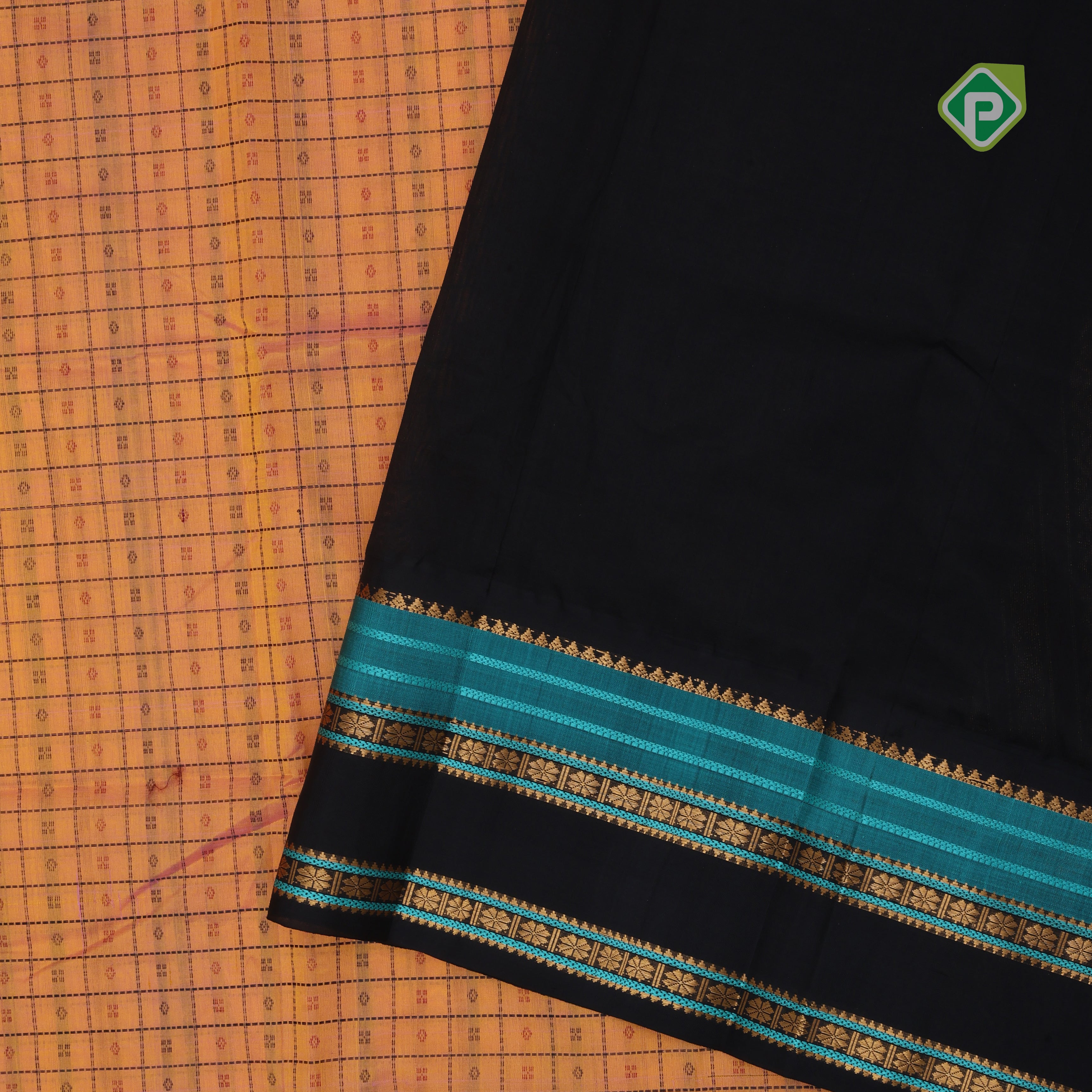 peach orange base thread checks and butta design double color gold zari border silk cotton saree