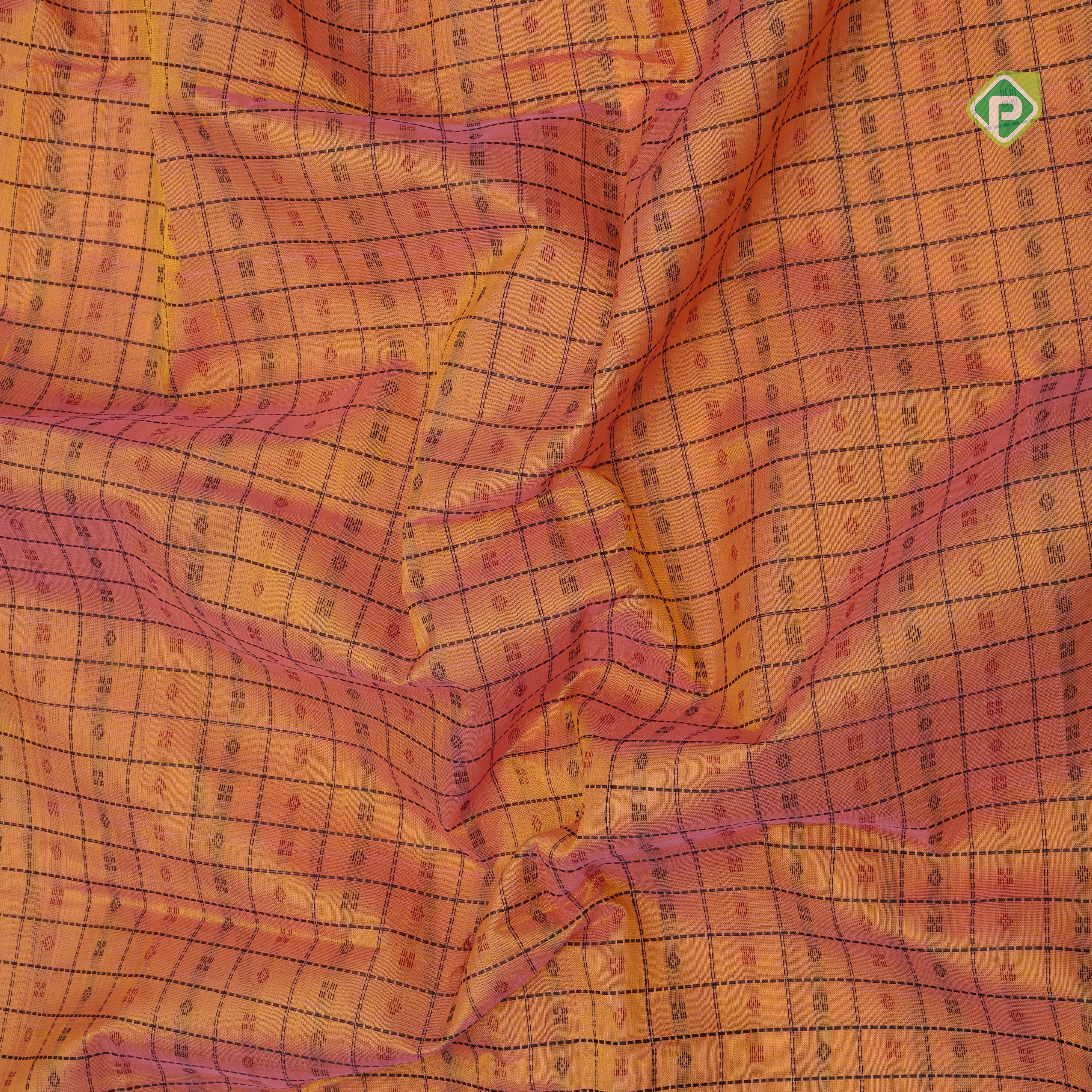 peach orange base thread checks and butta design double color gold zari border silk cotton saree