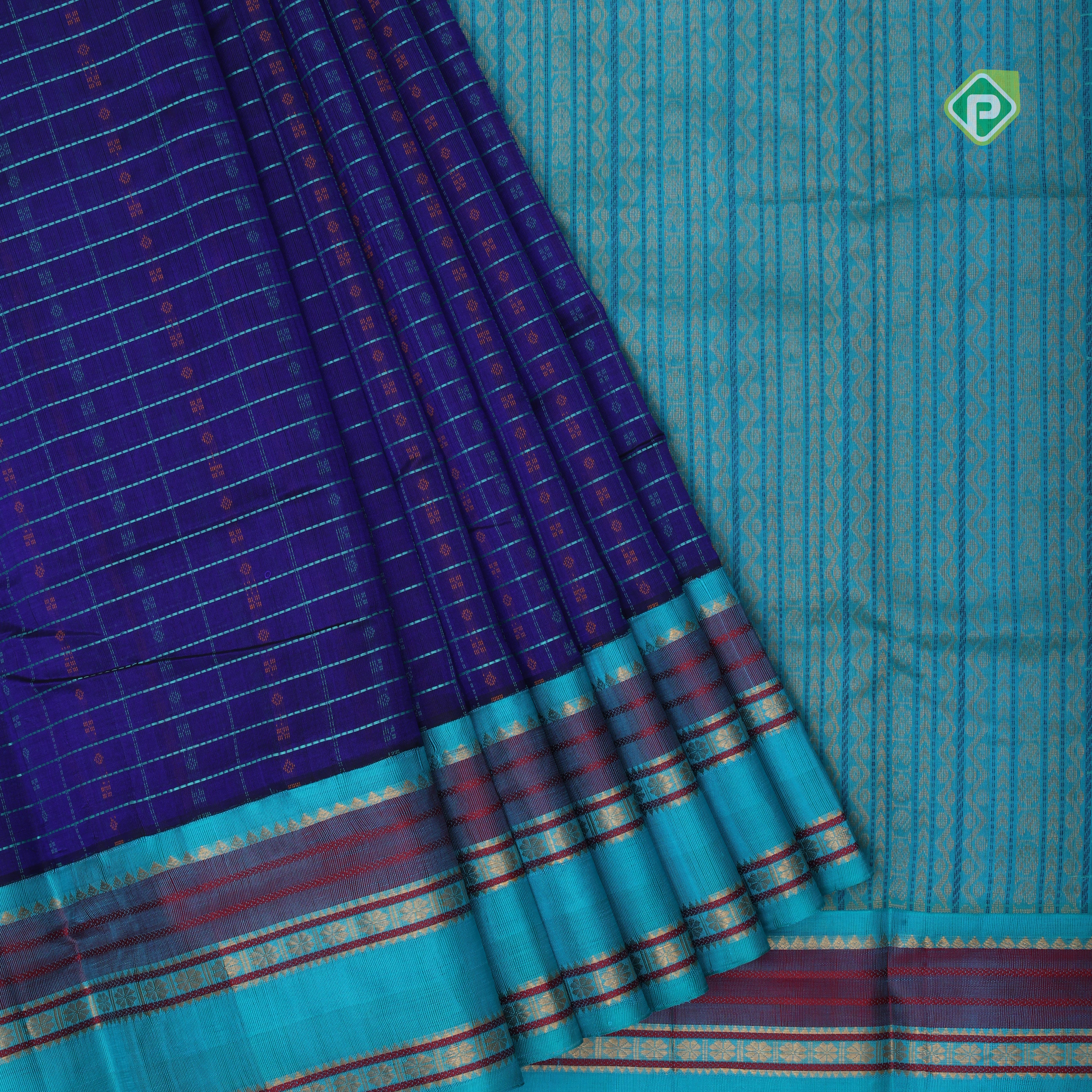 Blue base thread checks and butta design double color gold zari border silk cotton saree