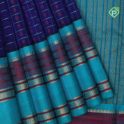 Blue base thread checks and butta design double color gold zari border silk cotton saree