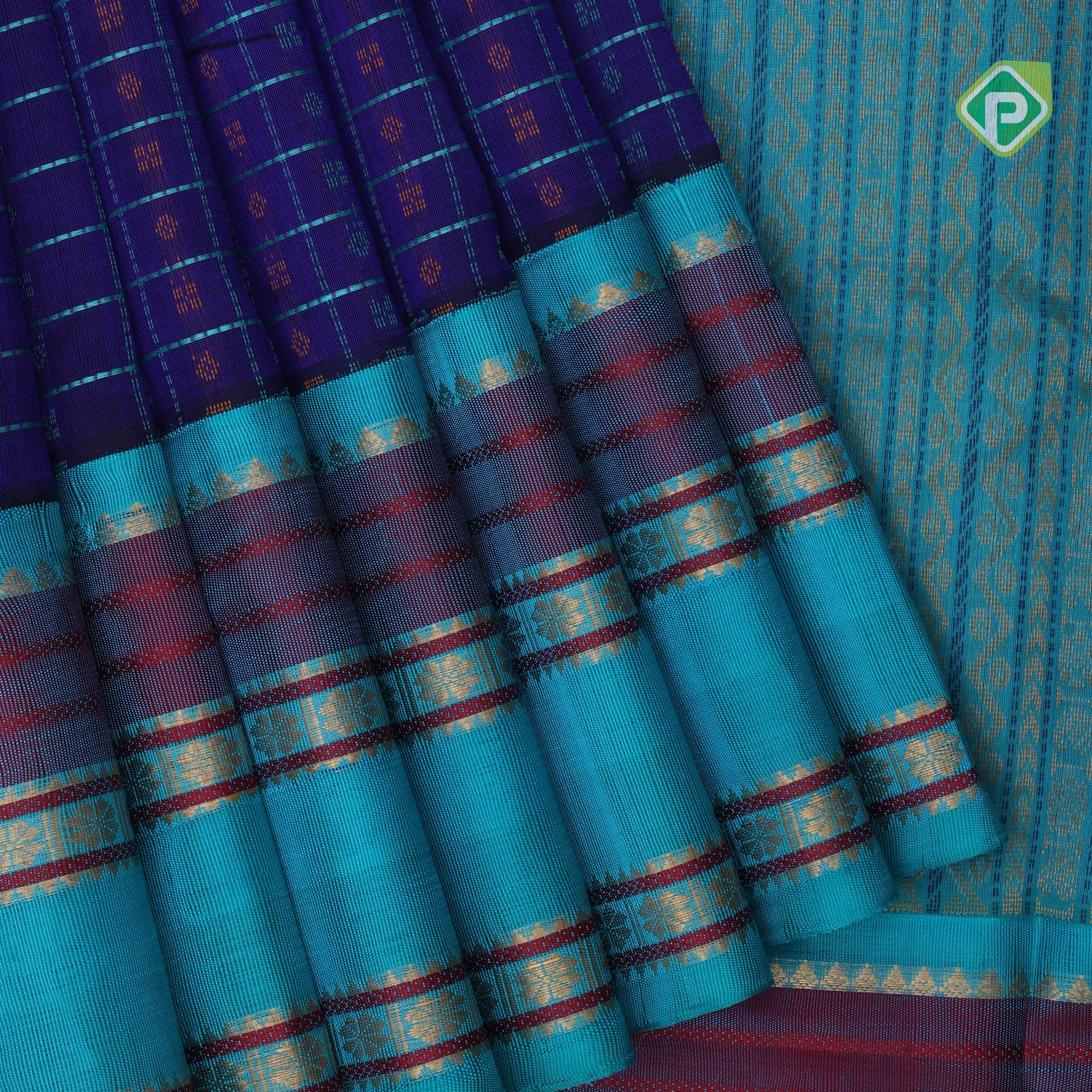 Blue base thread checks and butta design double color gold zari border silk cotton saree